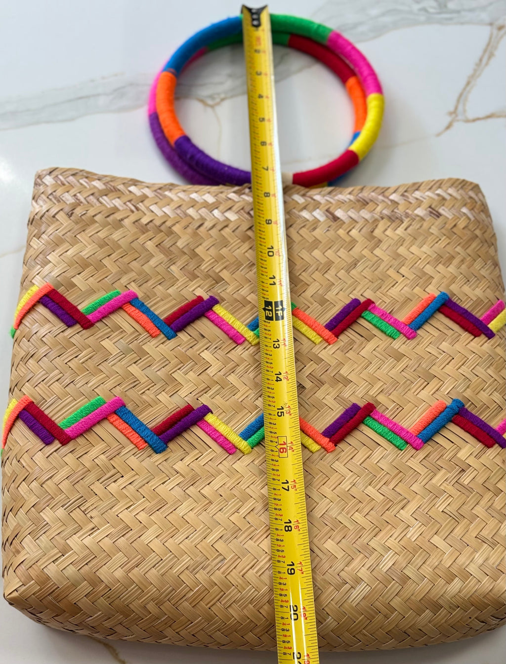 New Mochi Michelle Tote Bag – Woven Straw with Multicolor Embroidered Chevron
