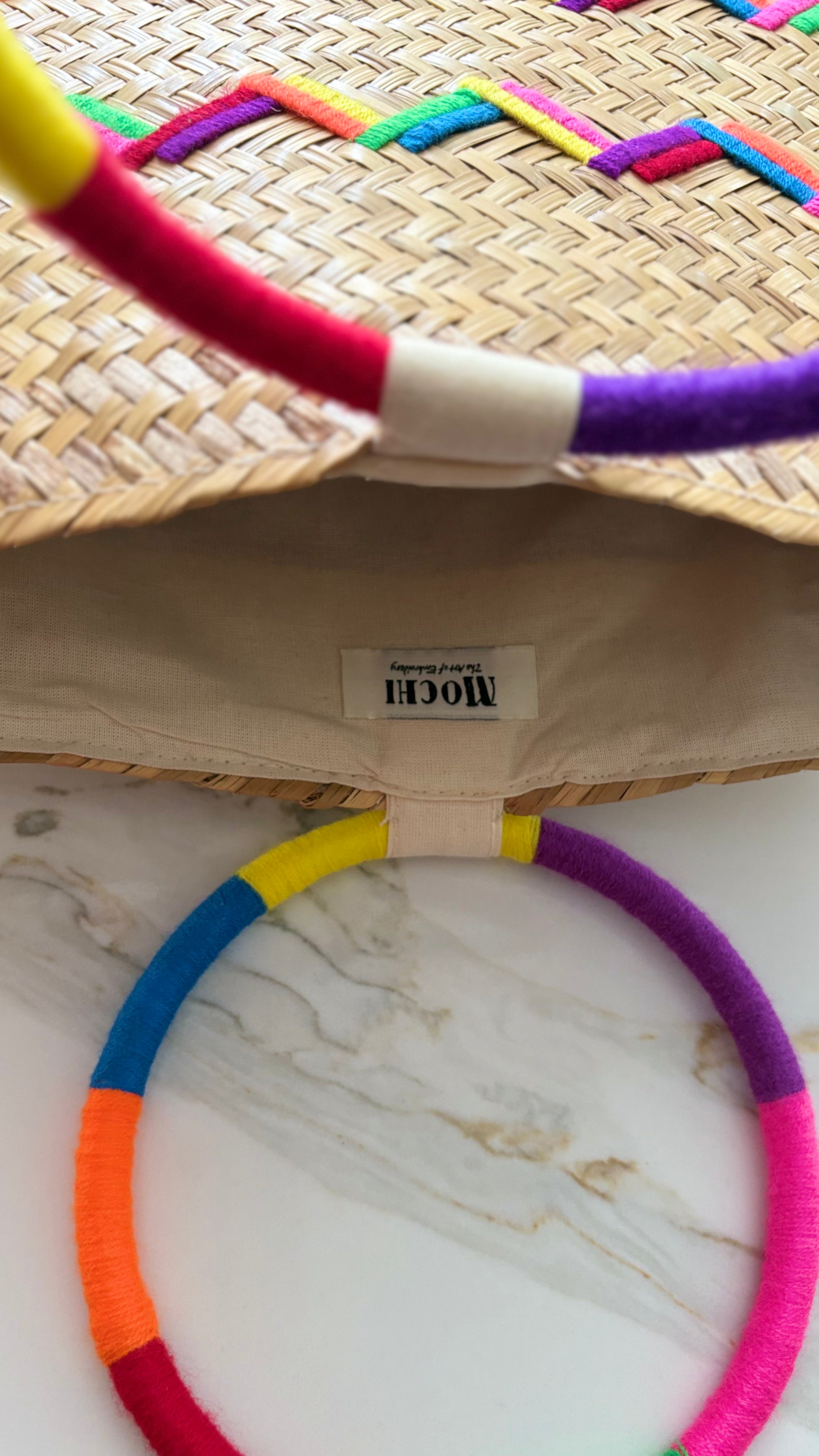 New Mochi Michelle Tote Bag – Woven Straw with Multicolor Embroidered Chevron