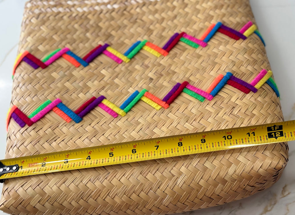 New Mochi Michelle Tote Bag – Woven Straw with Multicolor Embroidered Chevron
