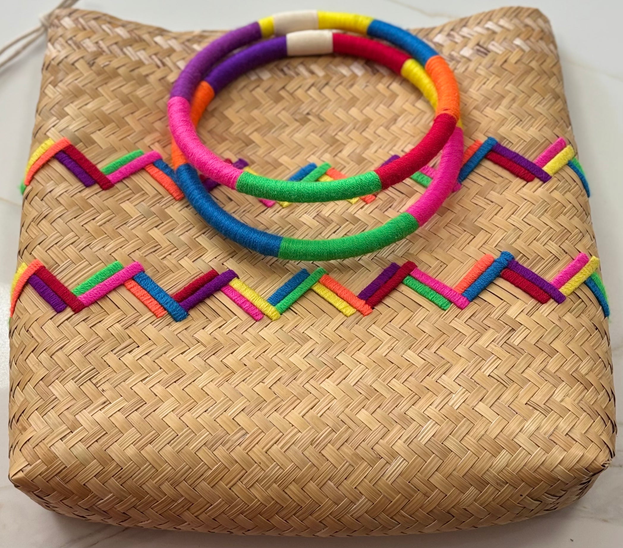 New Mochi Michelle Tote Bag – Woven Straw with Multicolor Embroidered Chevron