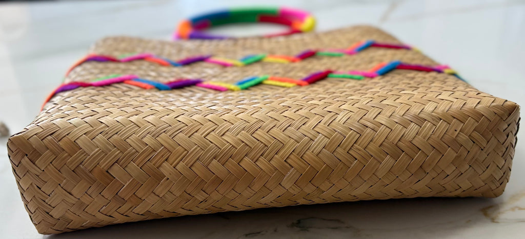 New Mochi Michelle Tote Bag – Woven Straw with Multicolor Embroidered Chevron