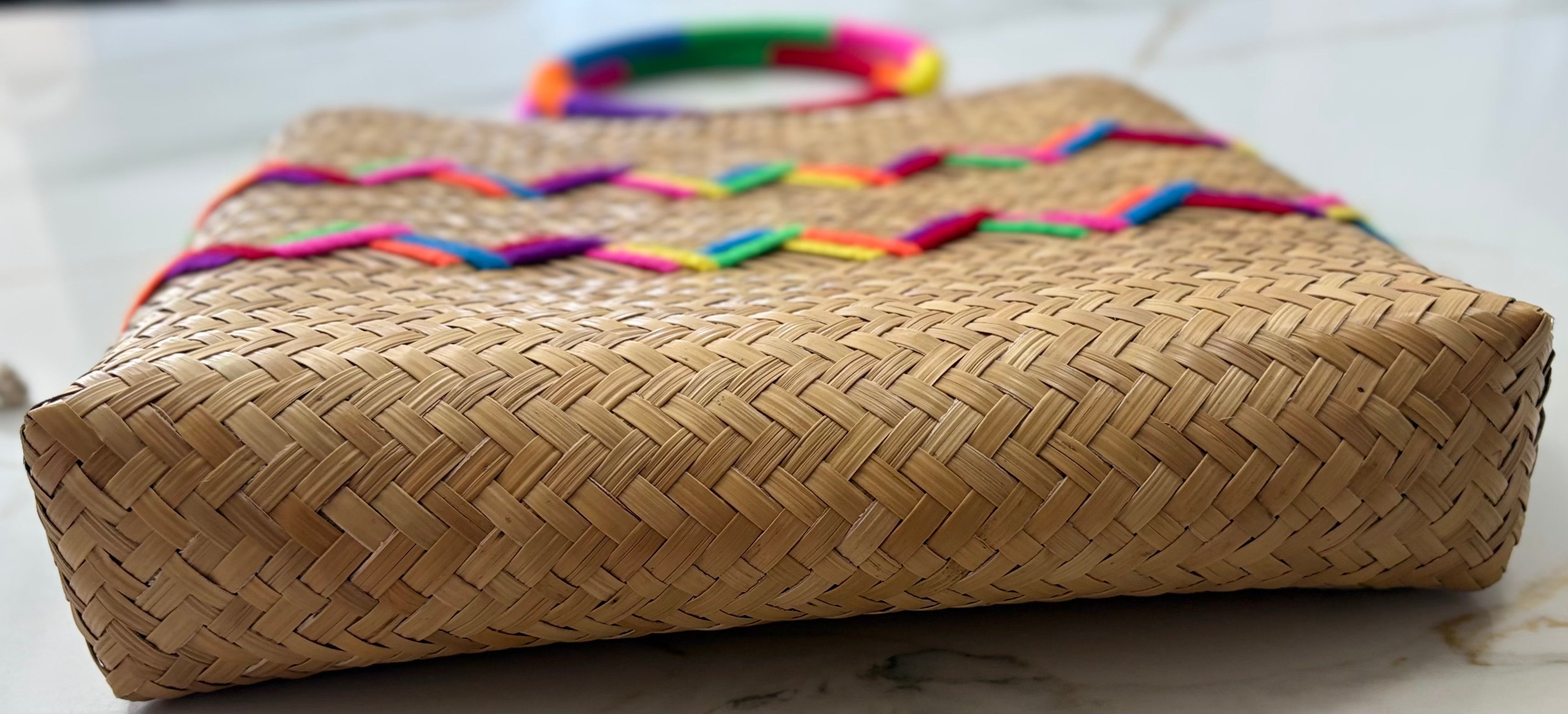 New Mochi Michelle Tote Bag – Woven Straw with Multicolor Embroidered Chevron