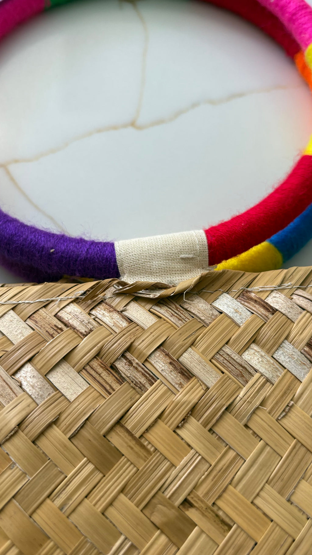 New Mochi Michelle Tote Bag – Woven Straw with Multicolor Embroidered Chevron