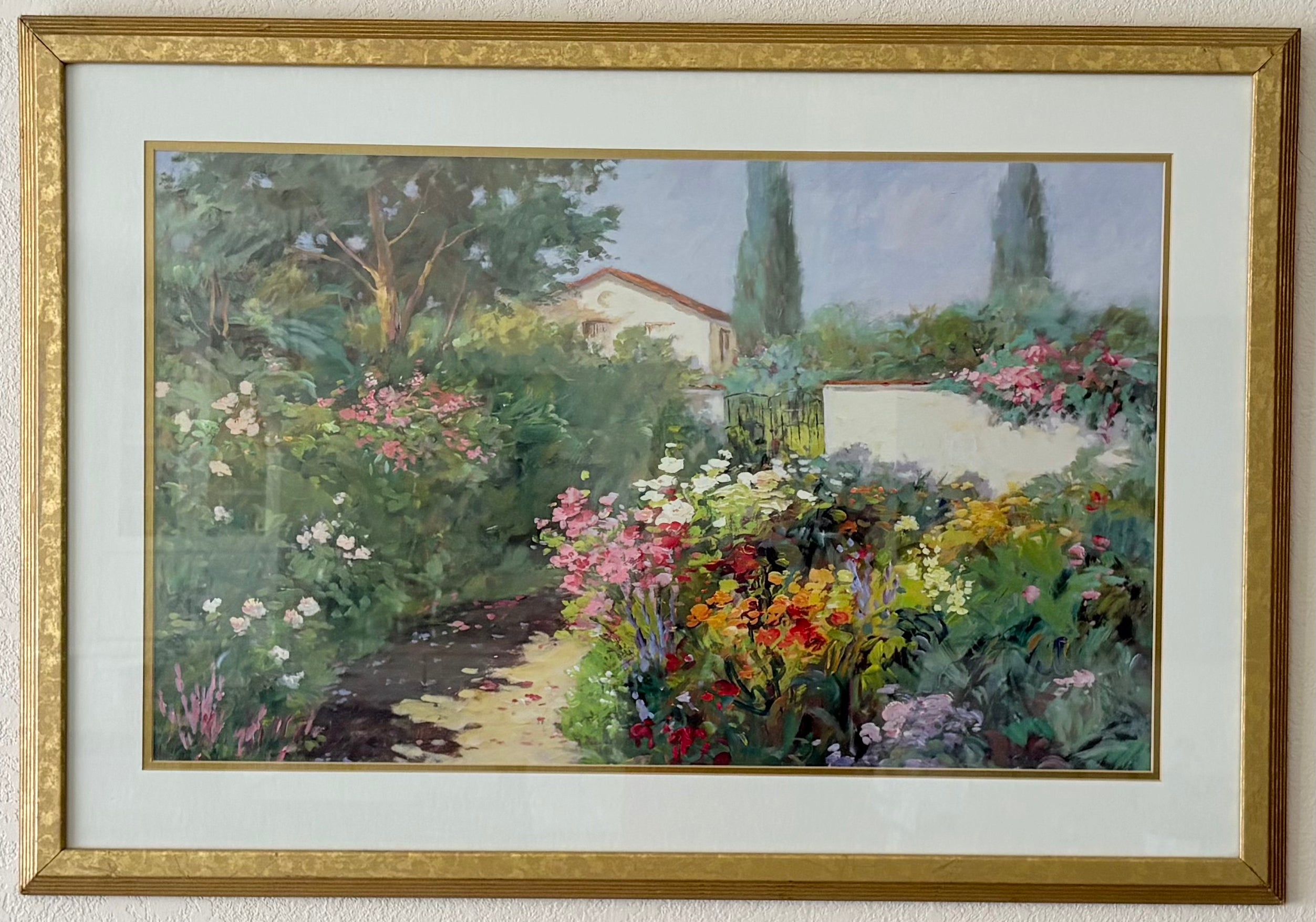 Framed Garden Landscape Art – Impressionist Floral Garden Scene in Gold Frame