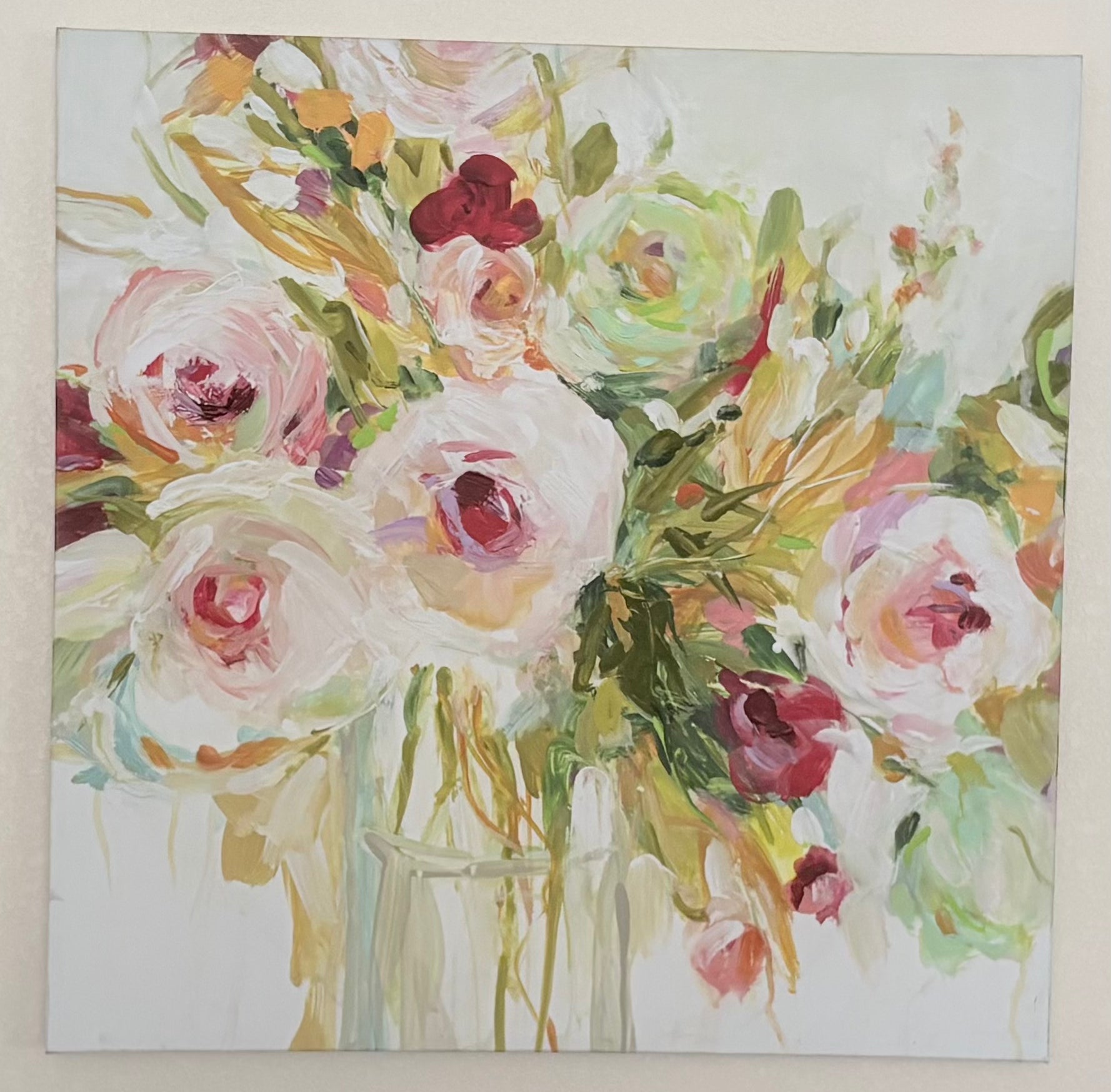 Large 29.5 Inch Square Floral Bouquet Canvas Wall Art, Romantic Impressionist Style