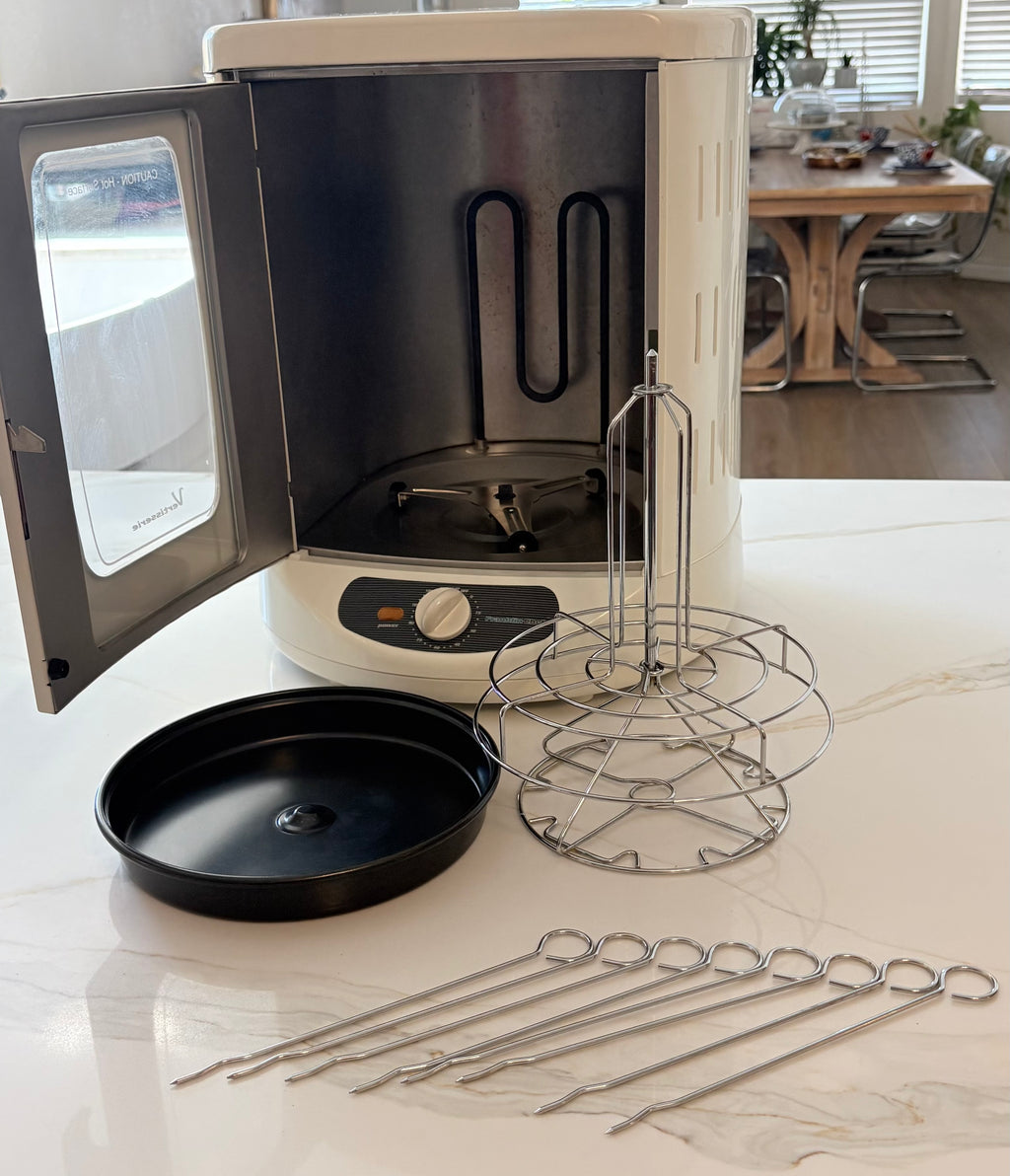 Franklin Chef Vertisserie Vertical Rotisserie Oven – White, Rotisserie Rack, Drip Pan & Skewers