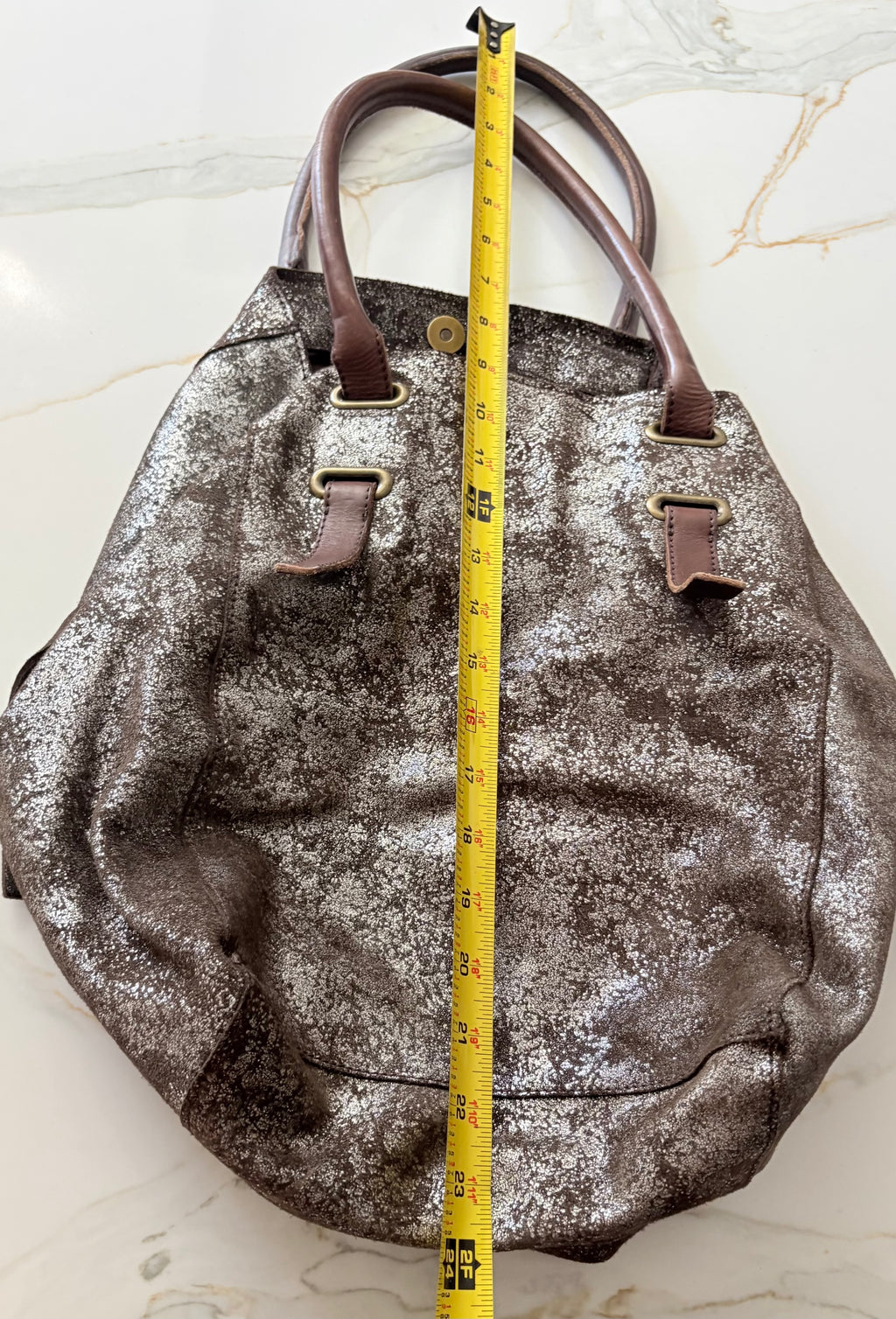 New Holding Horses Anthropologie Metallic Silver Distressed Leather Tote Bag