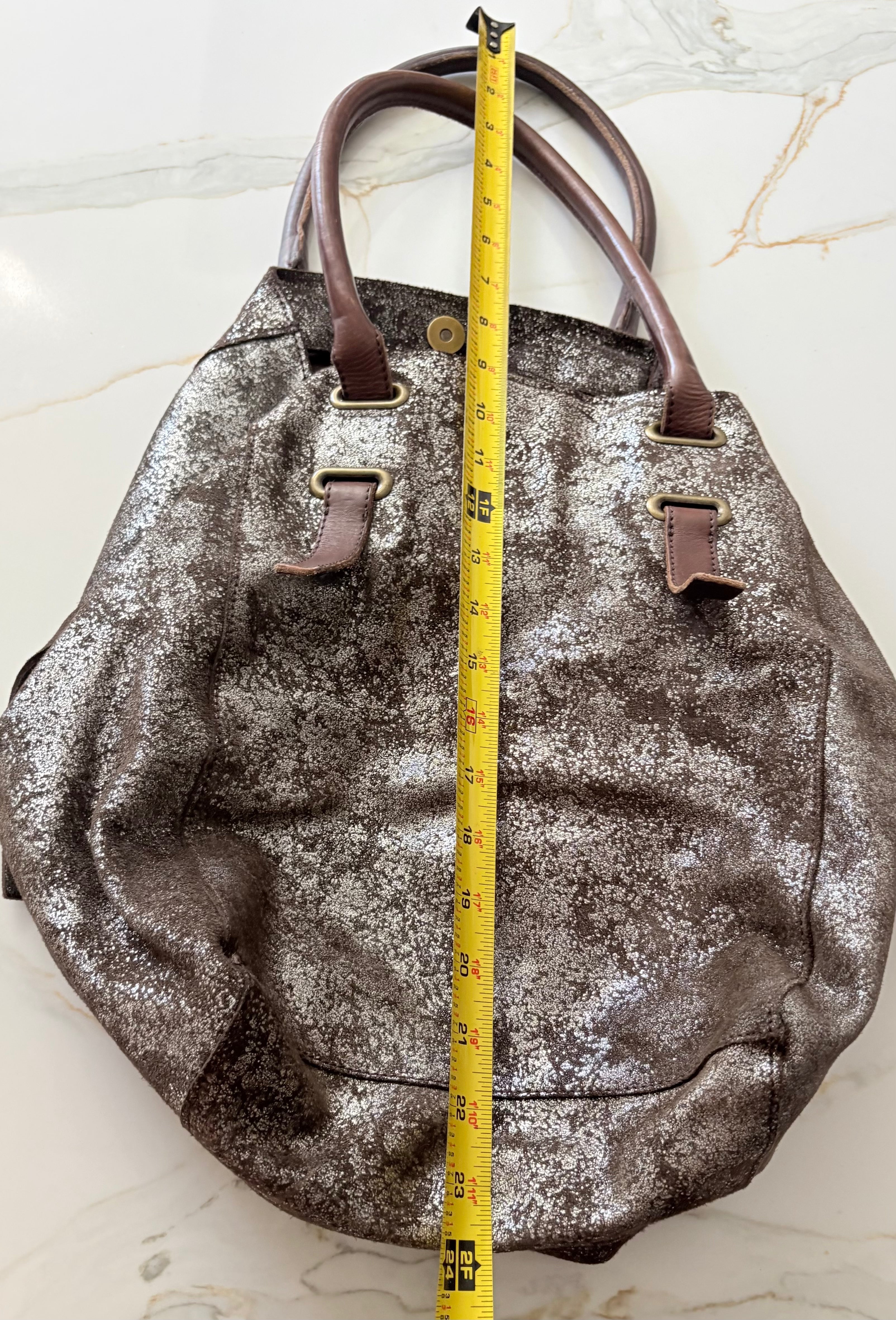 New Holding Horses Anthropologie Metallic Silver Distressed Leather Tote Bag