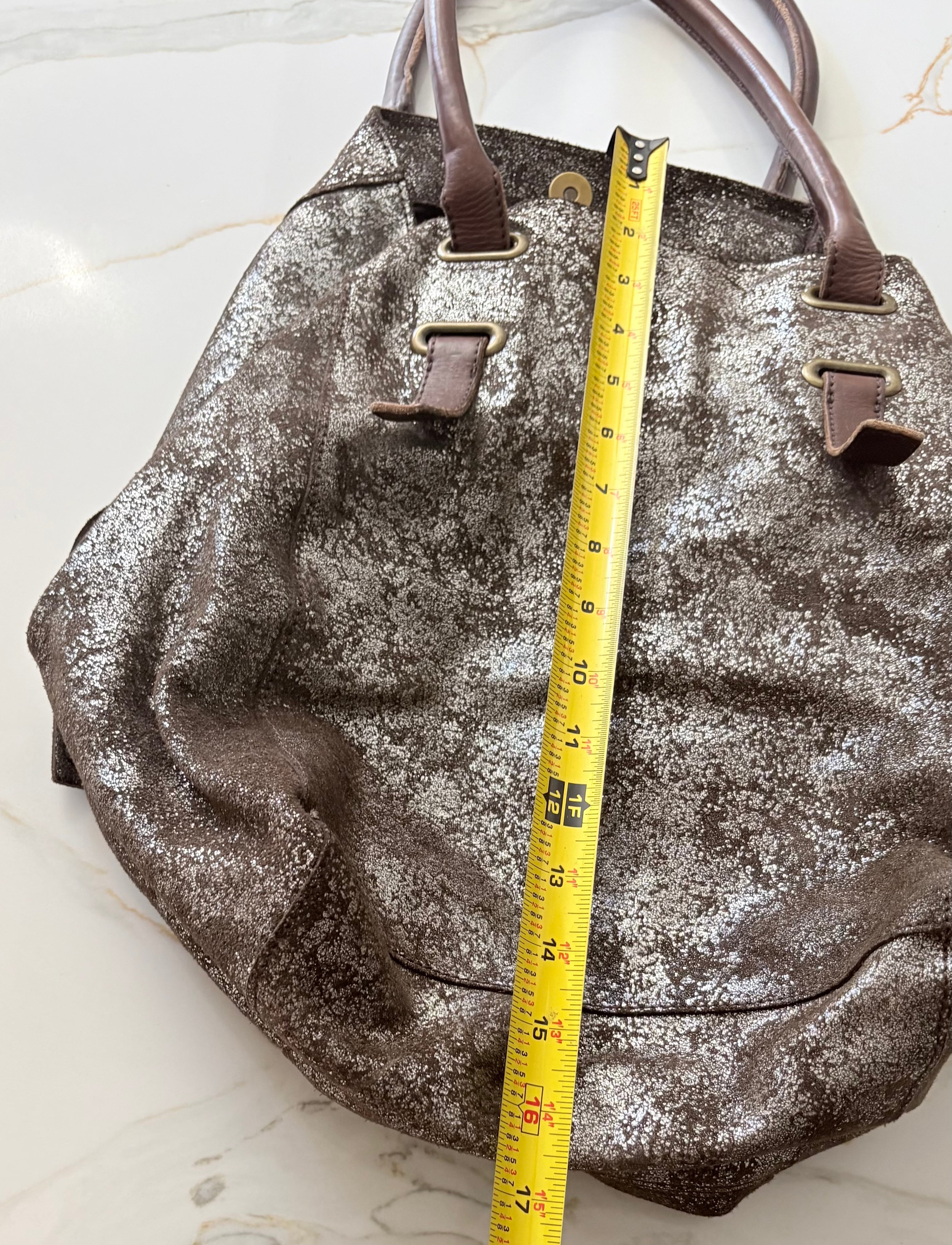 New Holding Horses Anthropologie Metallic Silver Distressed Leather Tote Bag
