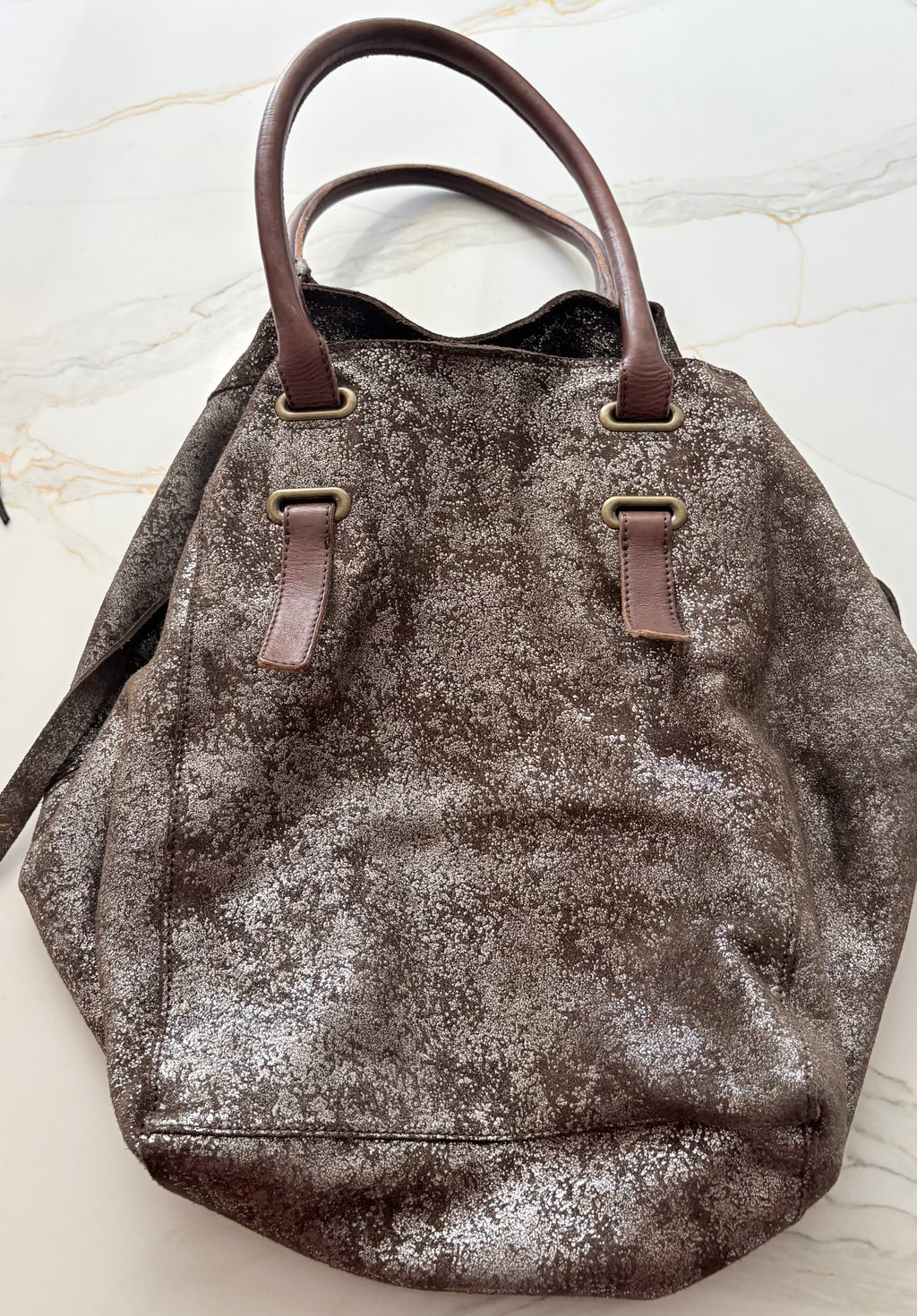 New Holding Horses Anthropologie Metallic Silver Distressed Leather Tote Bag
