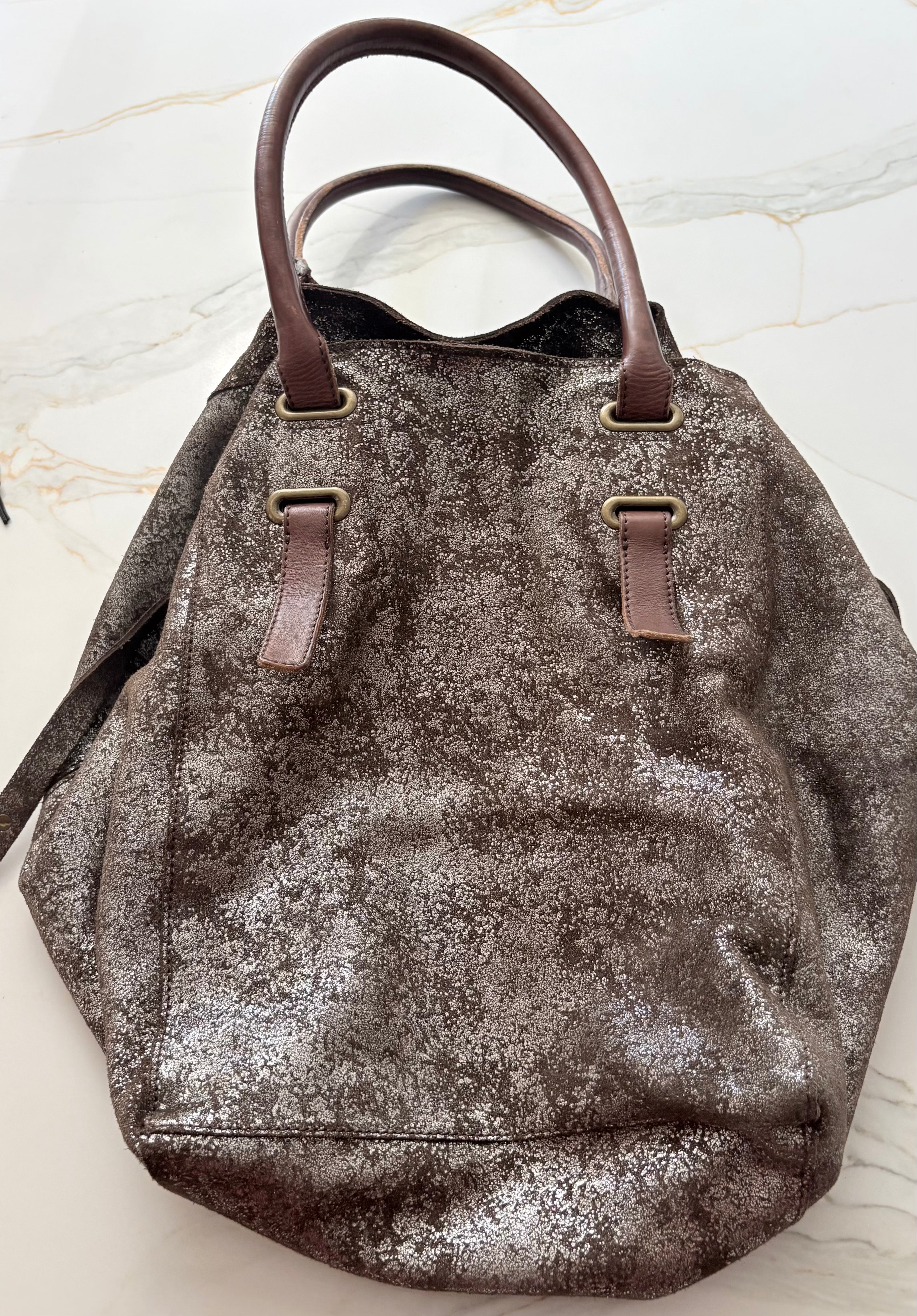 New Holding Horses Anthropologie Metallic Silver Distressed Leather Tote Bag