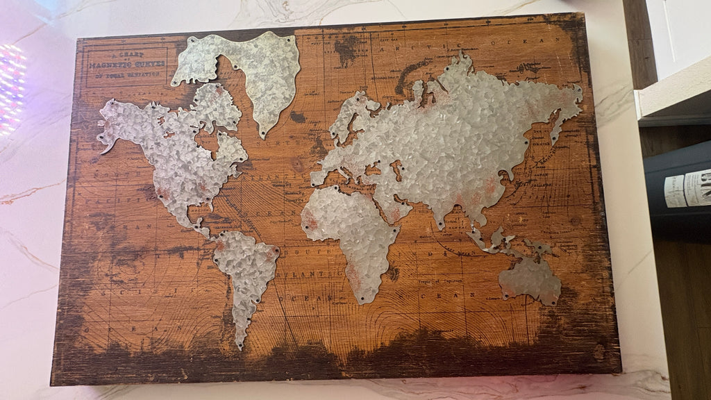 Industrial Rustic World Map Wall Art – Galvanized Metal & Distressed Wood, 36" x 24"