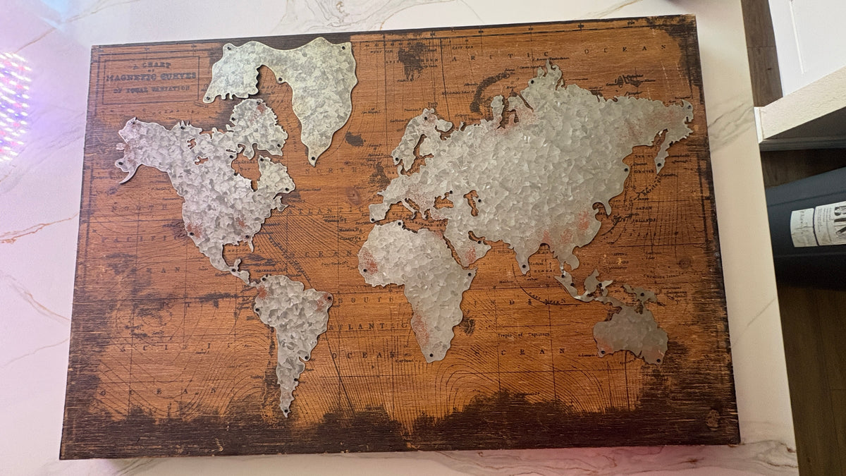 Industrial Rustic World Map Wall Art – Galvanized Metal & Distressed Wood, 36" x 24"