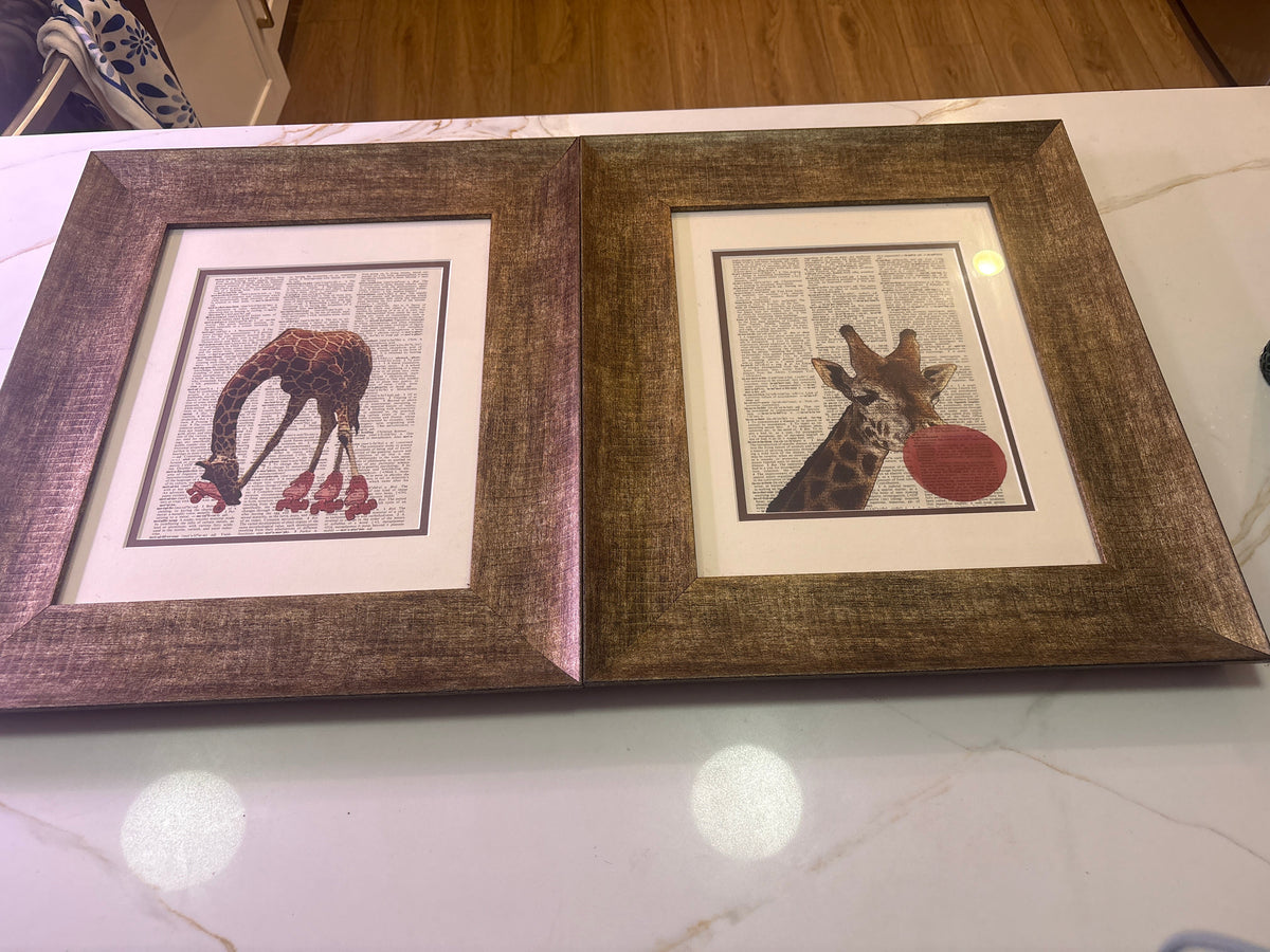 New Whimsical Giraffe Dictionary Art Pair | Bubble Gum & Roller Skates | Double Matted Rustic Gold Frames