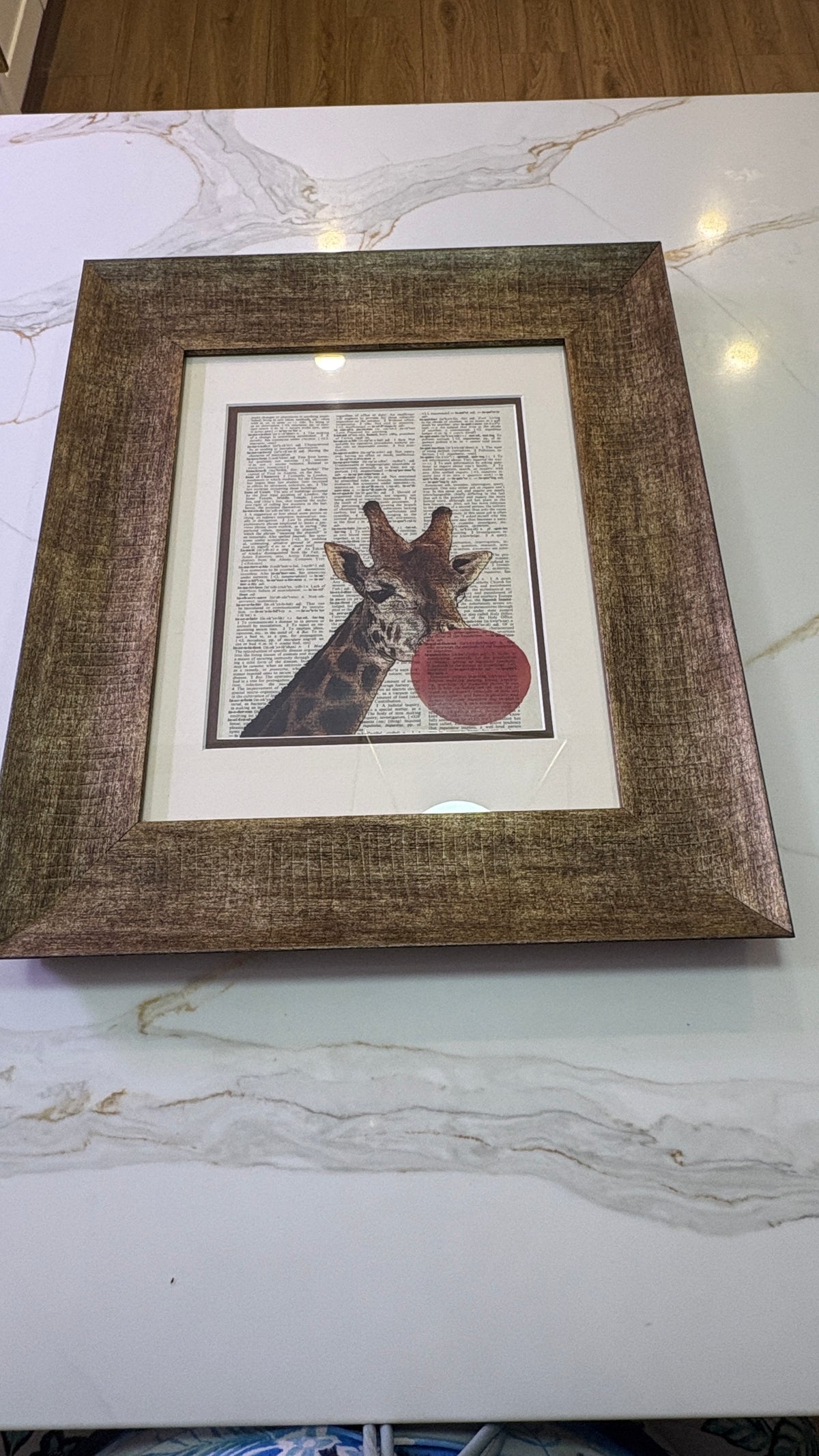 New Whimsical Giraffe Dictionary Art Pair | Bubble Gum & Roller Skates | Double Matted Rustic Gold Frames