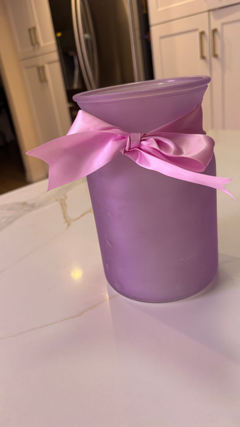 Frosted Lavender Glass Flower Vase | Tapered Cylinder Vase with Pink Satin Ribbon Bow