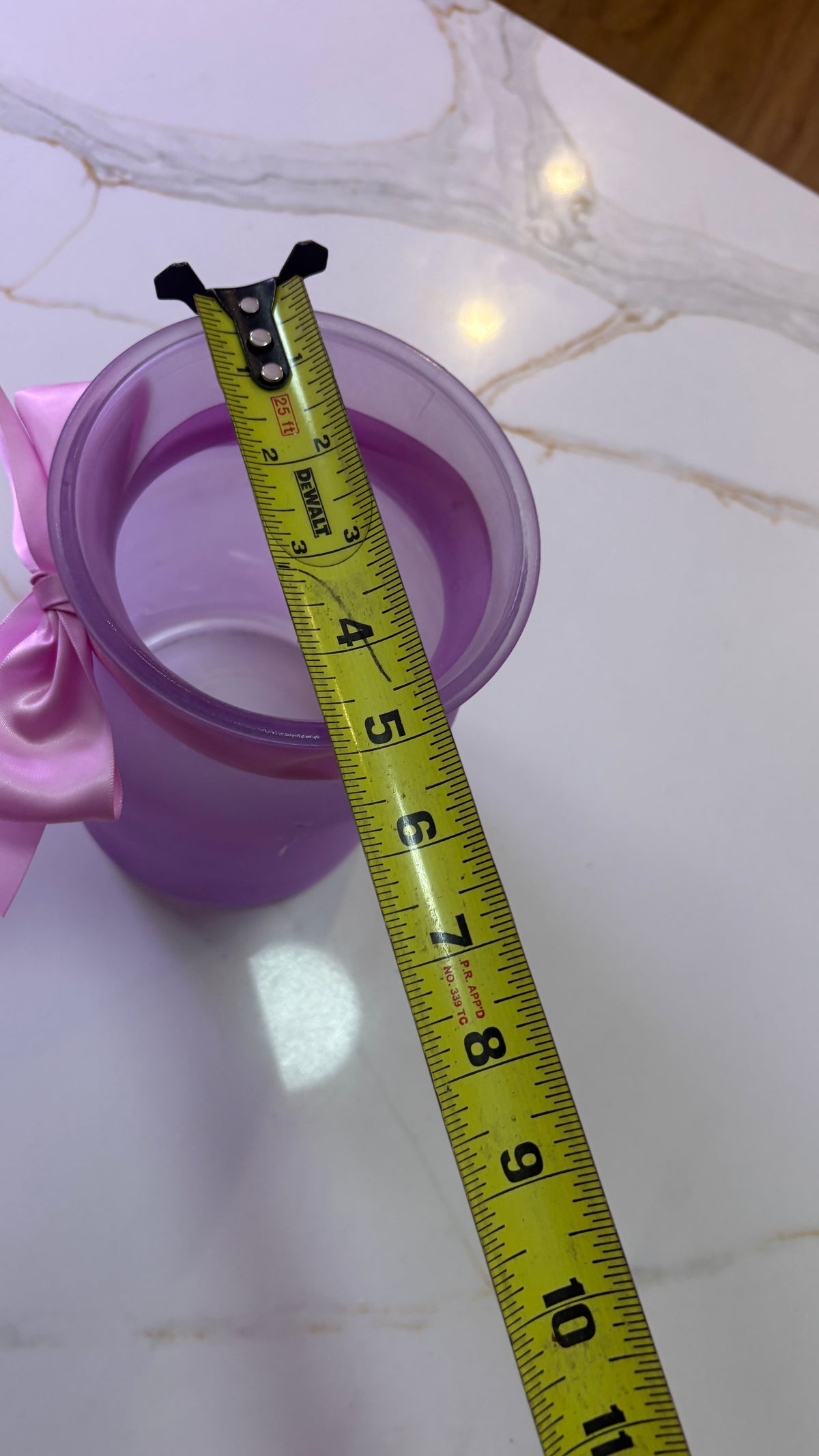 Frosted Lavender Glass Flower Vase | Tapered Cylinder Vase with Pink Satin Ribbon Bow