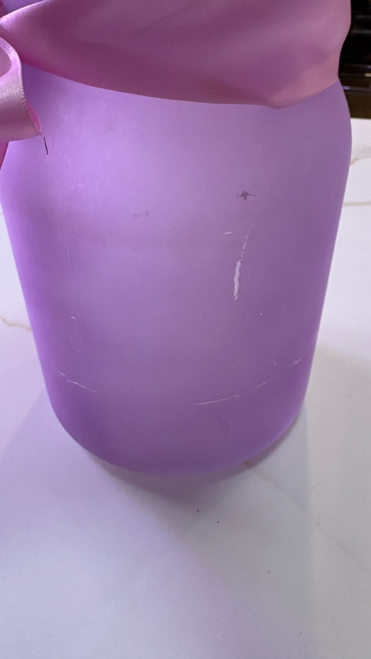 Frosted Lavender Glass Flower Vase | Tapered Cylinder Vase with Pink Satin Ribbon Bow