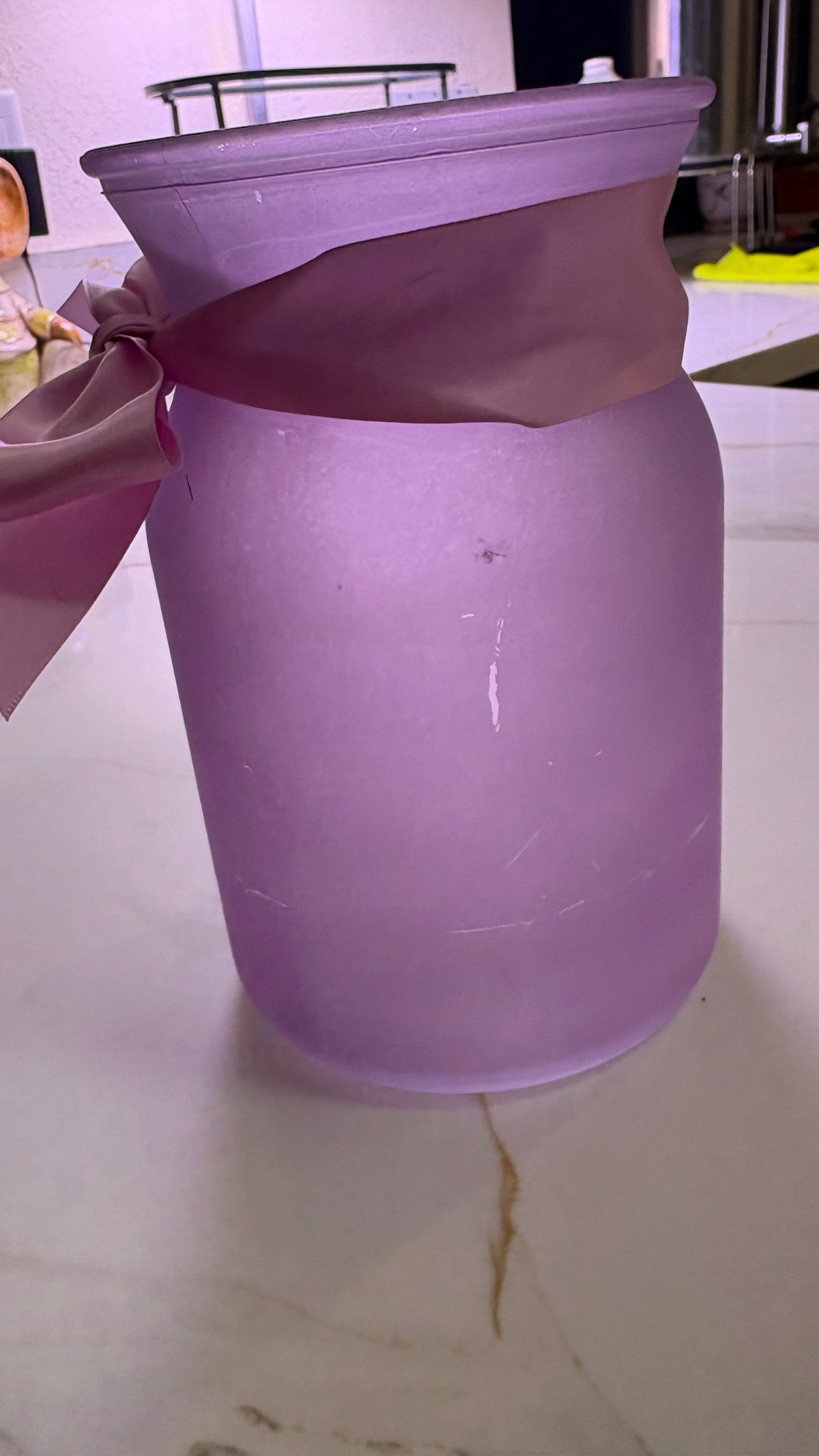 Frosted Lavender Glass Flower Vase | Tapered Cylinder Vase with Pink Satin Ribbon Bow