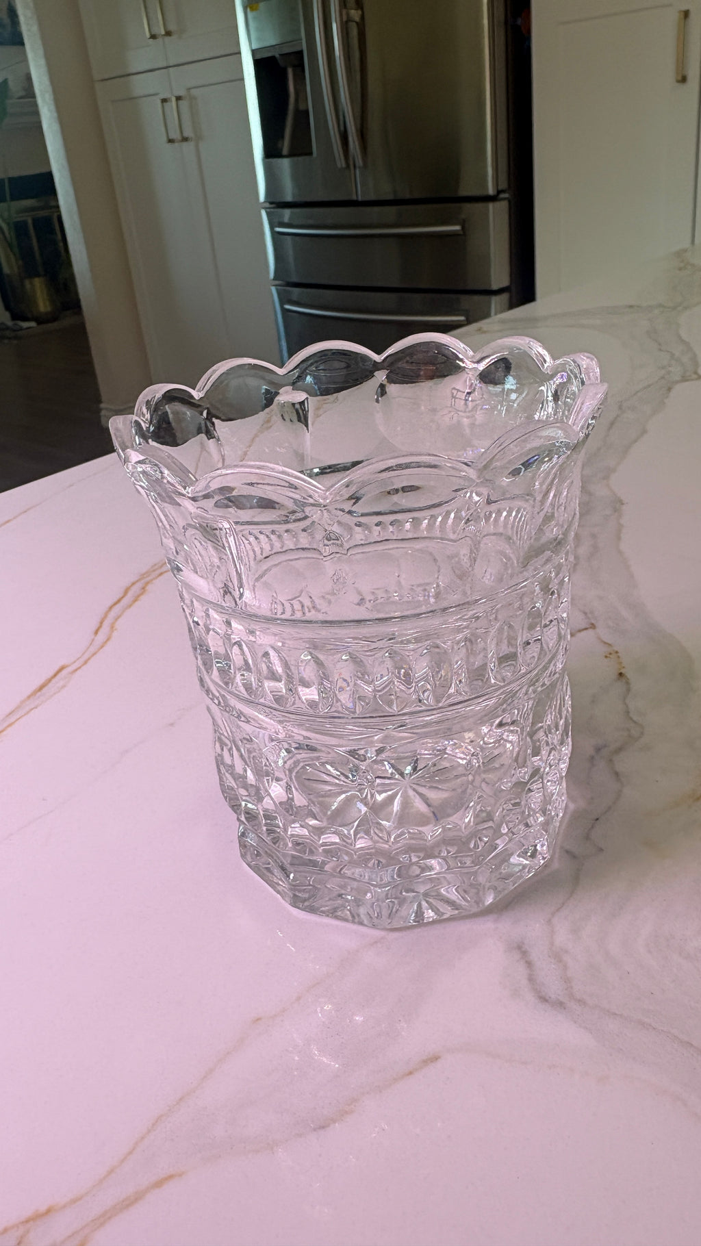Vintage Clear EAPG Pressed Glass Vase - Scalloped Rim Daisy and Button Pattern - 6" Tall