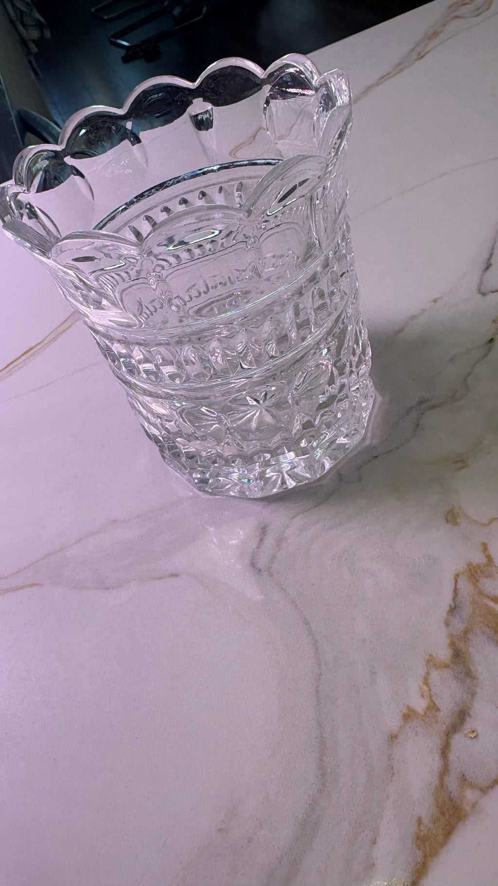 Vintage Clear EAPG Pressed Glass Vase - Scalloped Rim Daisy and Button Pattern - 6" Tall