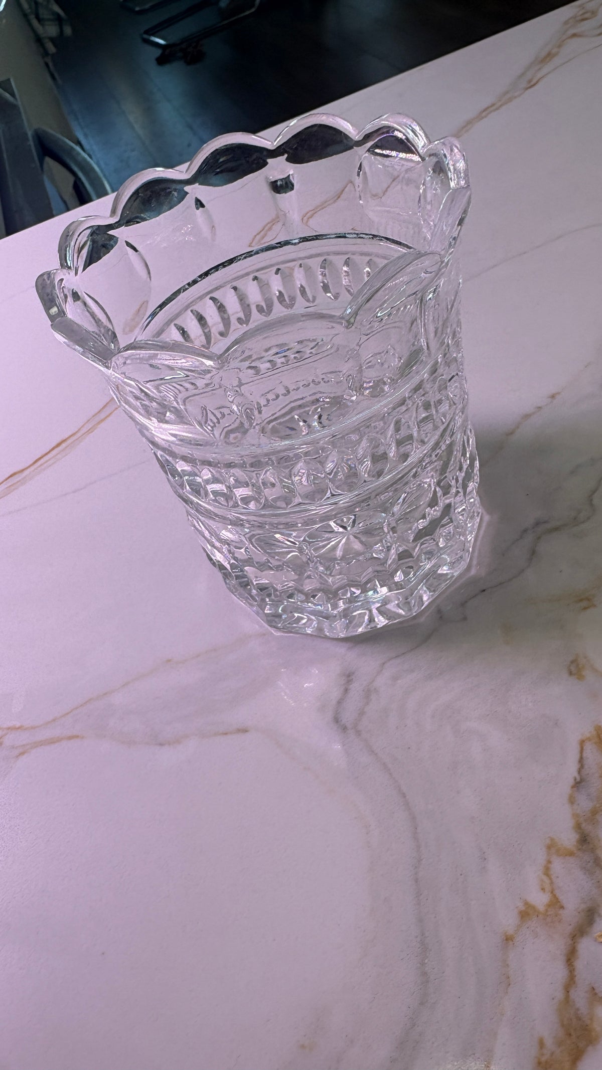 Vintage Clear EAPG Pressed Glass Vase - Scalloped Rim Daisy and Button Pattern - 6" Tall