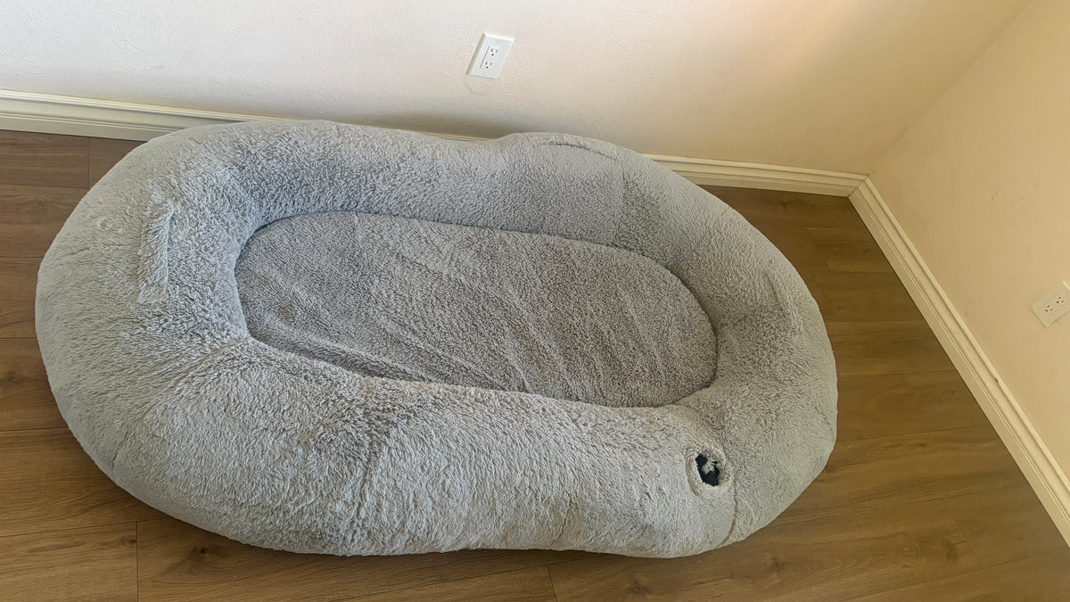 Oversized Human Dog Bed, Grey, Berenlefe Oversized Orthopedic Memory Foam Lounge Human Dog Bed with Faux Fur, Pillow, Blanket & Non-Slip Bottom, Light Gray, 70.9 x 45 x 11.8-in