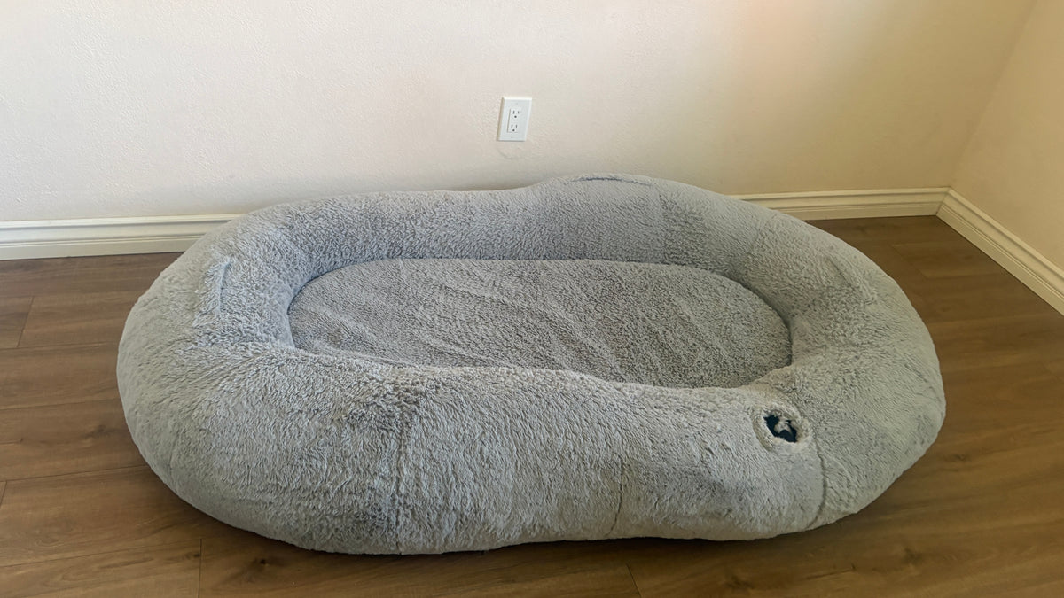 Oversized Human Dog Bed, Grey, Berenlefe Oversized Orthopedic Memory Foam Lounge Human Dog Bed with Faux Fur, Pillow, Blanket & Non-Slip Bottom, Light Gray, 70.9 x 45 x 11.8-in