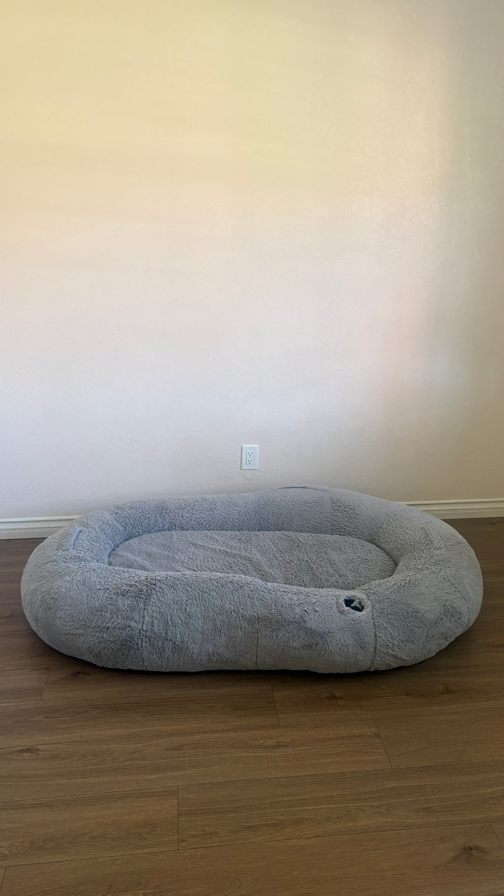 Oversized Human Dog Bed, Grey, Berenlefe Oversized Orthopedic Memory Foam Lounge Human Dog Bed with Faux Fur, Pillow, Blanket & Non-Slip Bottom, Light Gray, 70.9 x 45 x 11.8-in