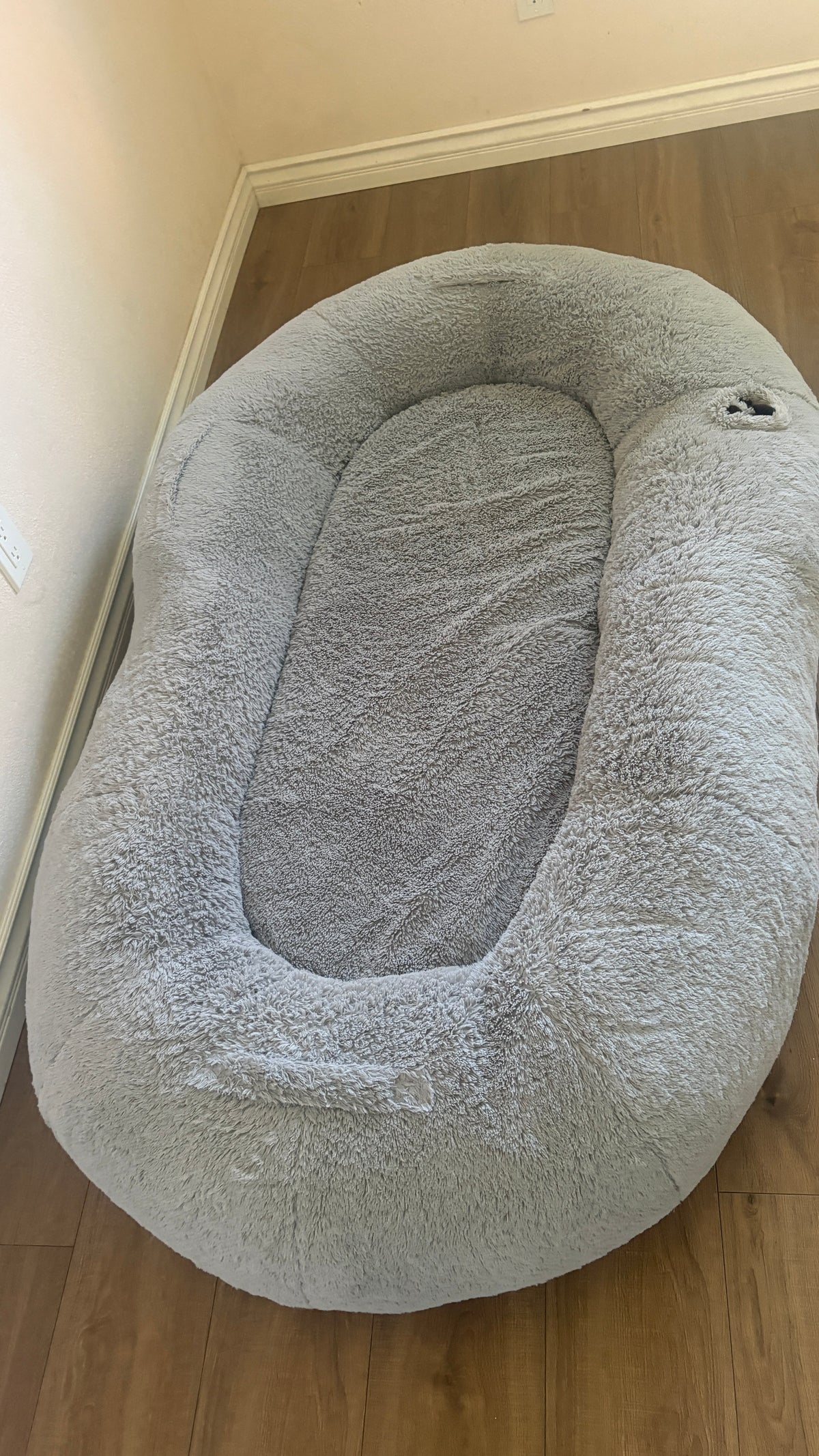 Oversized Human Dog Bed, Grey, Berenlefe Oversized Orthopedic Memory Foam Lounge Human Dog Bed with Faux Fur, Pillow, Blanket & Non-Slip Bottom, Light Gray, 70.9 x 45 x 11.8-in