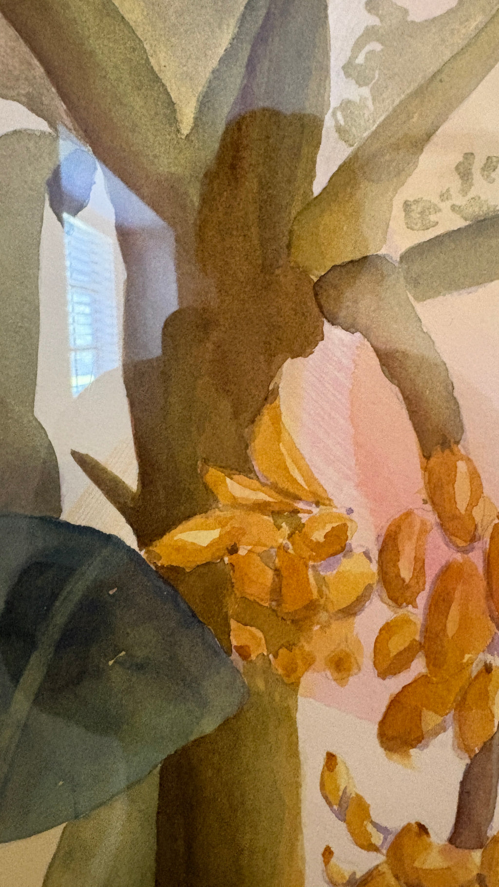Dagmar Langon "Yellow Bananas" Original Watercolor Painting - Large Framed Tropical Botanical Art