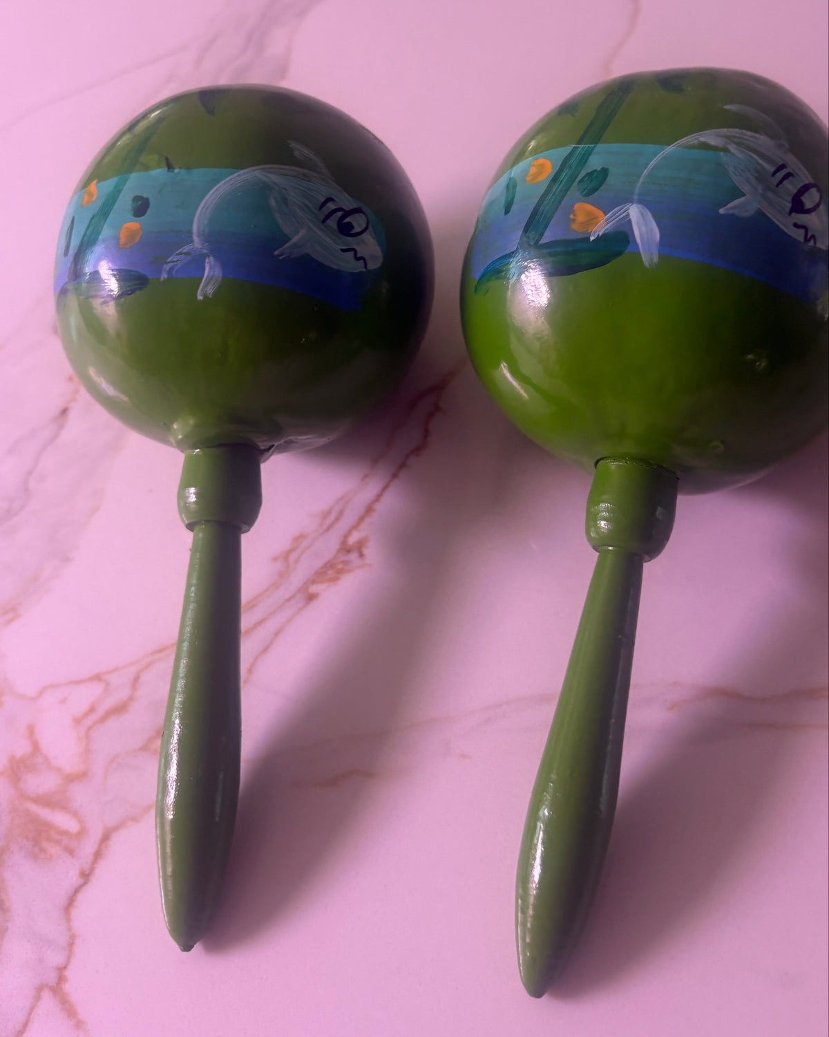 Vintage Hand-Painted Mexican Wooden Maracas - Shark & Ocean Folk Art - Pair of 2