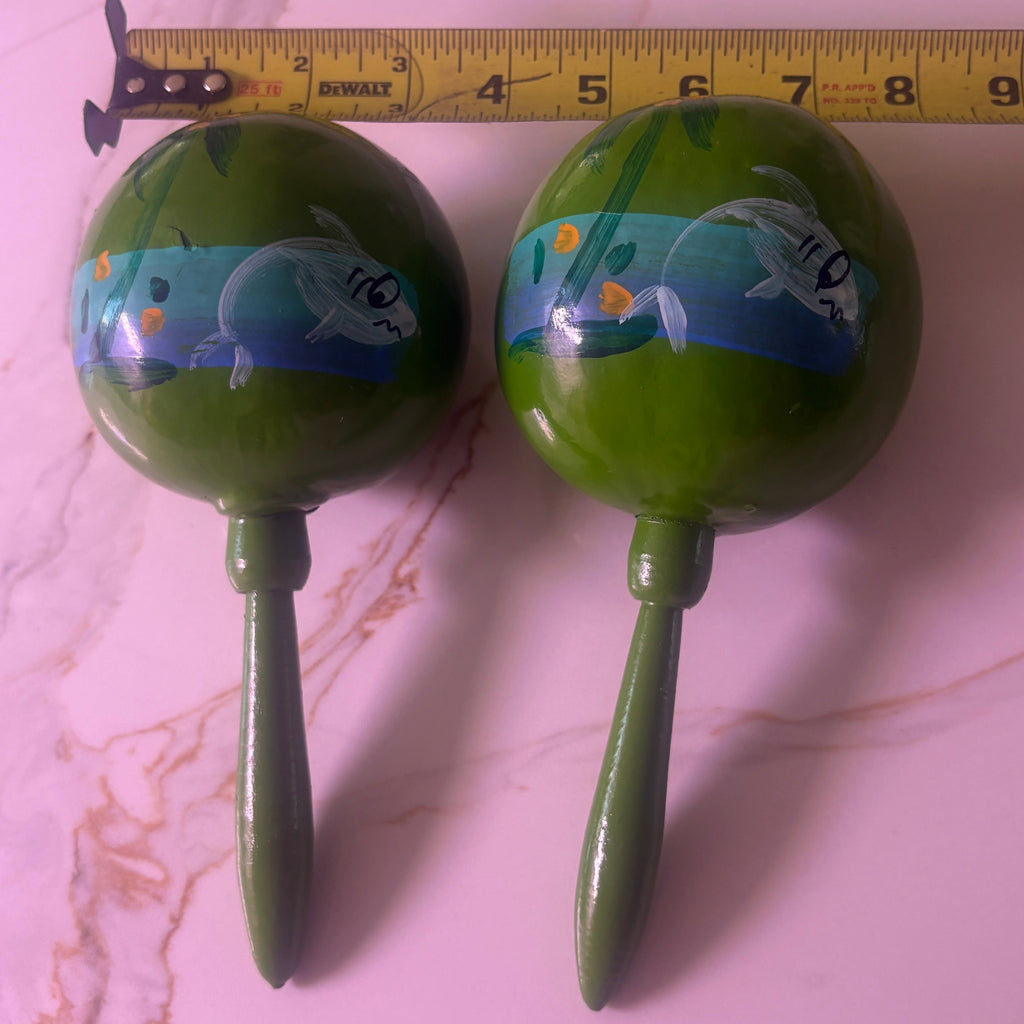 Vintage Hand-Painted Mexican Wooden Maracas - Shark & Ocean Folk Art - Pair of 2