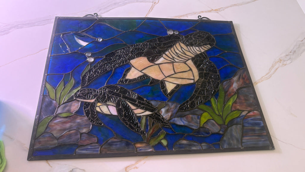 Large Sea Turtles Stained Glass Window Panel - 24" x 18" Ocean Suncatcher tained Glass Wall Art Sea Life Turtle, Stain Glass Window Wall Hangings, Home Office Glass Printing Wall Art Decor,