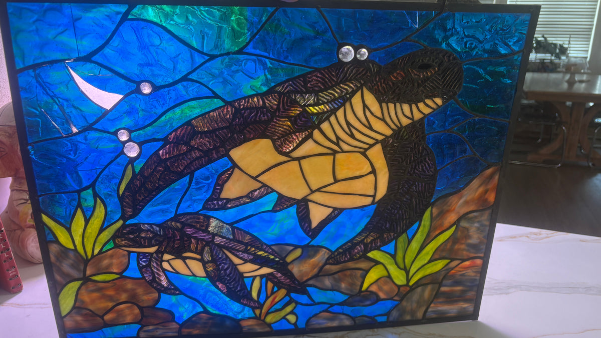 Large Sea Turtles Stained Glass Window Panel - 24" x 18" Ocean Suncatcher tained Glass Wall Art Sea Life Turtle, Stain Glass Window Wall Hangings, Home Office Glass Printing Wall Art Decor,