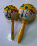 Hand-Painted Mexican Gourd Maracas - Red Shrimp & Palm Tree Folk Art - Pair of 2