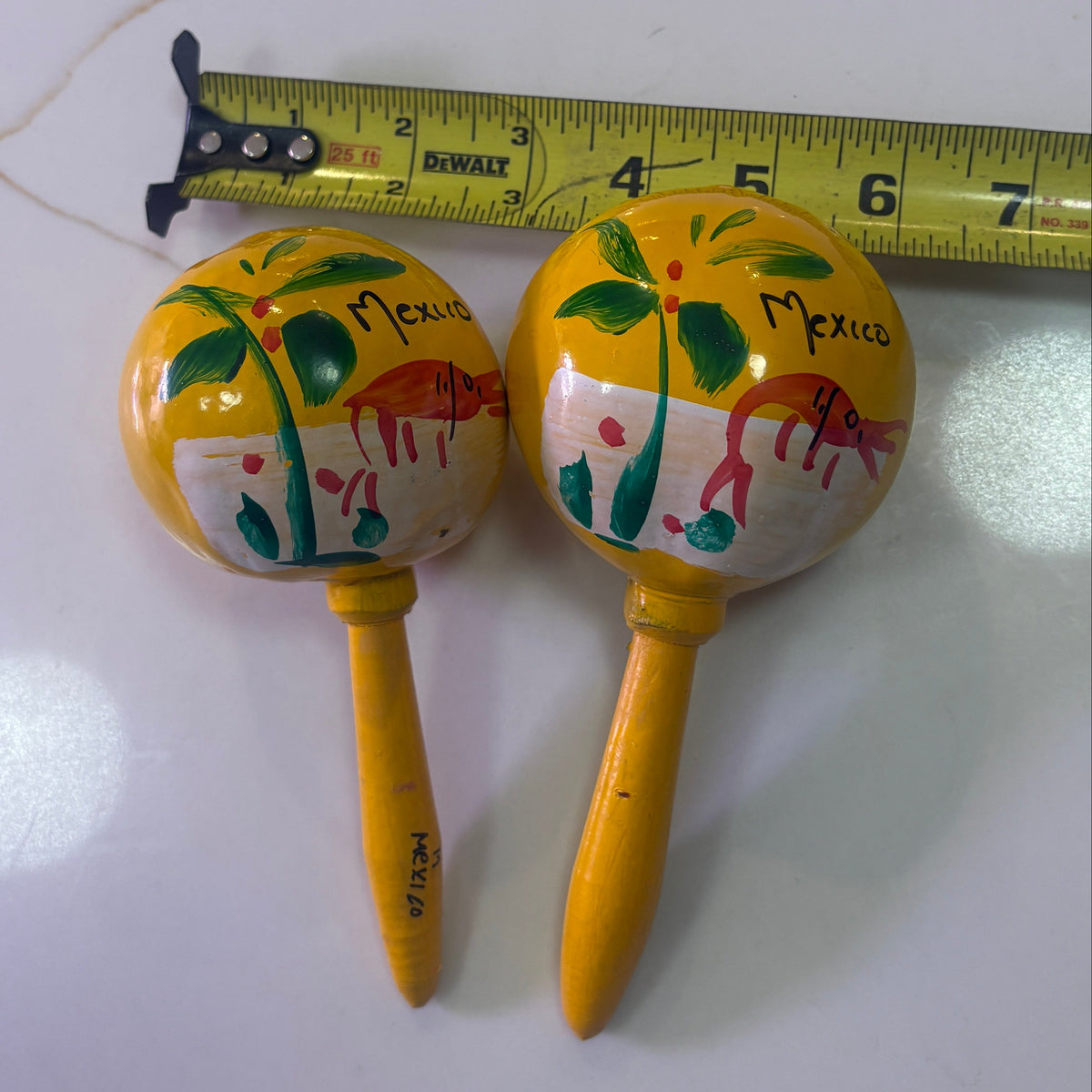 Hand-Painted Mexican Gourd Maracas - Red Shrimp & Palm Tree Folk Art - Pair of 2