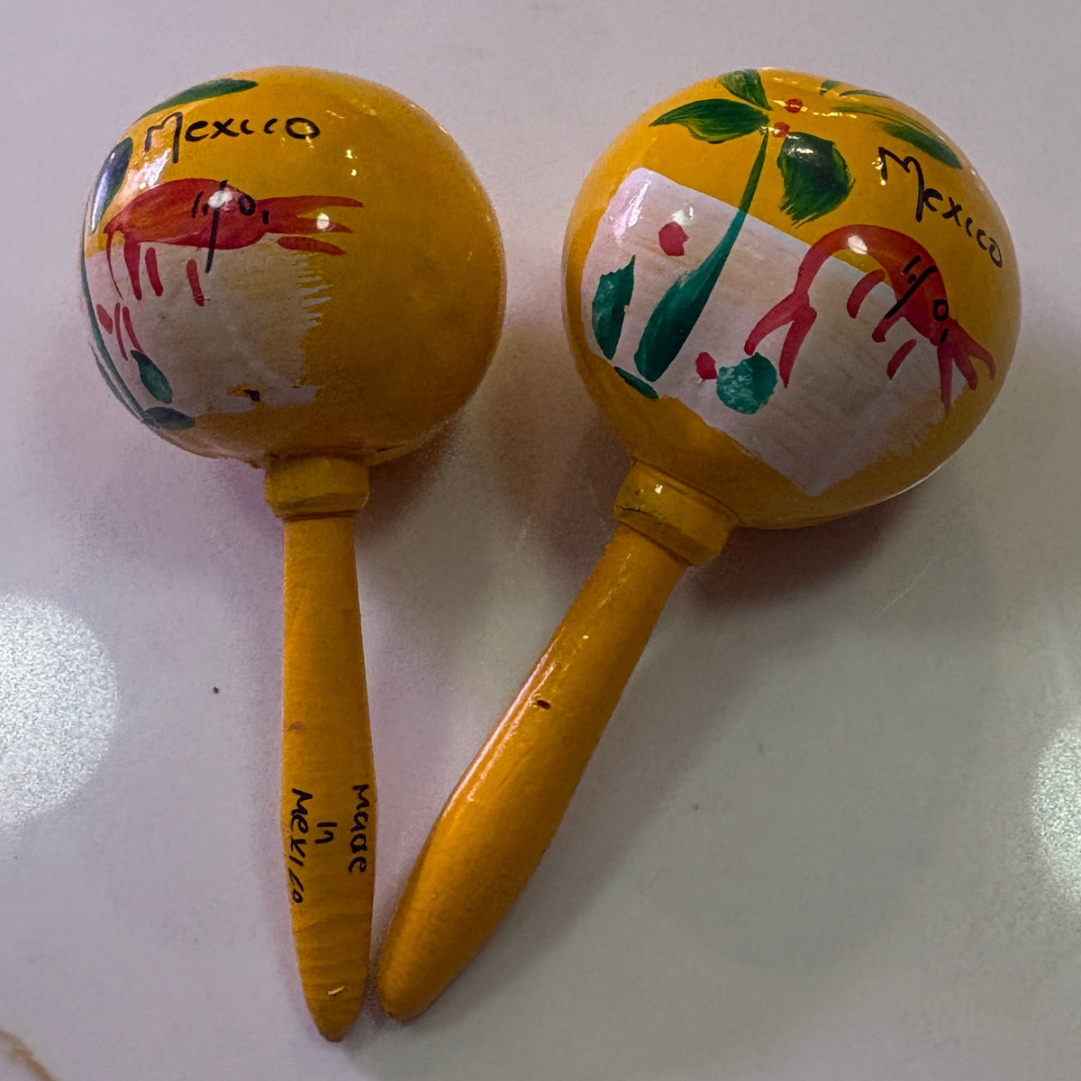 Hand-Painted Mexican Gourd Maracas - Red Shrimp & Palm Tree Folk Art - Pair of 2