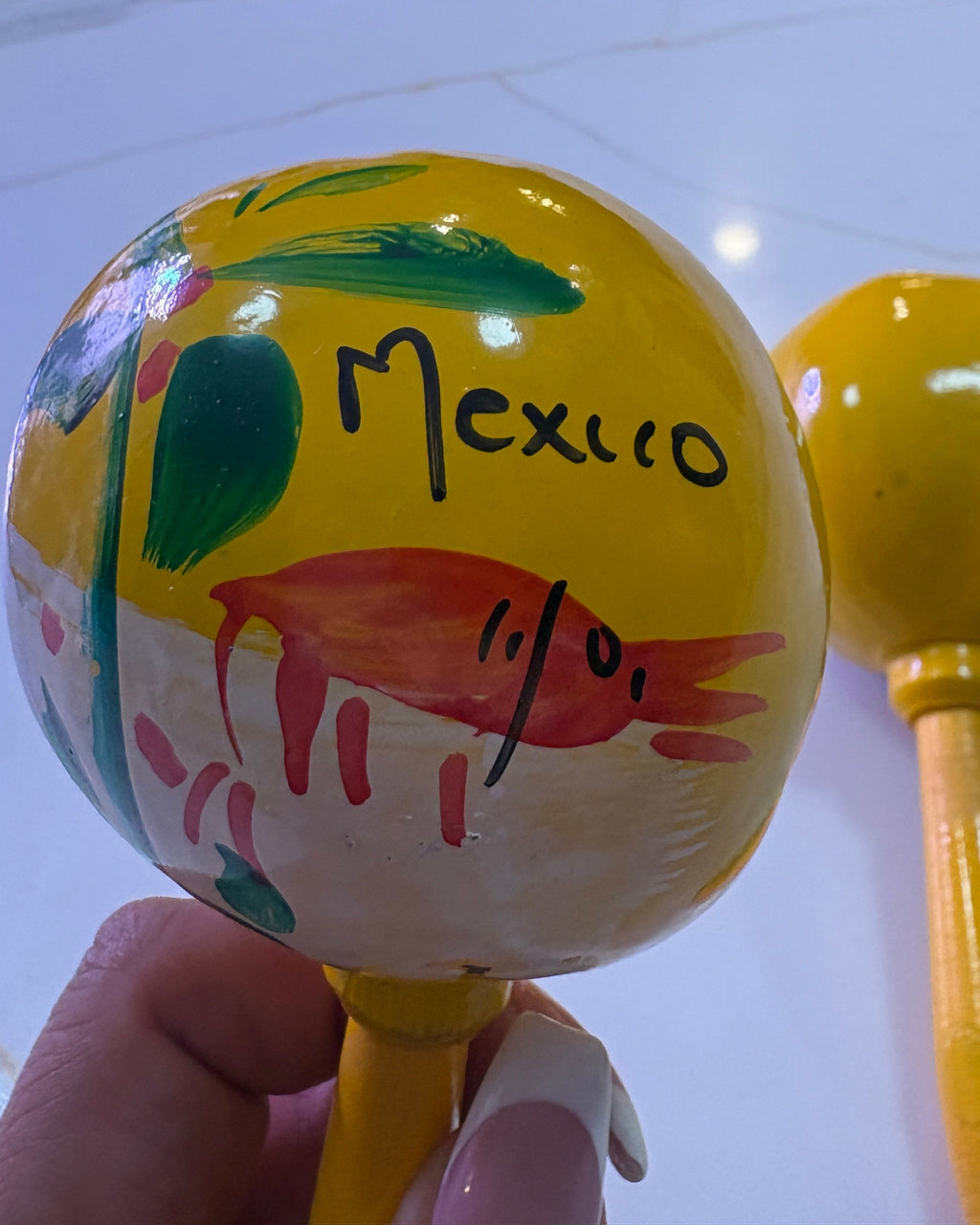 Hand-Painted Mexican Gourd Maracas - Red Shrimp & Palm Tree Folk Art - Pair of 2