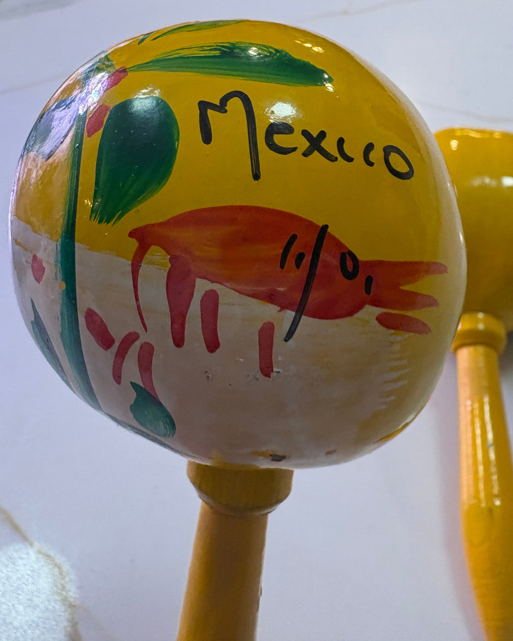 Hand-Painted Mexican Gourd Maracas - Red Shrimp & Palm Tree Folk Art - Pair of 2