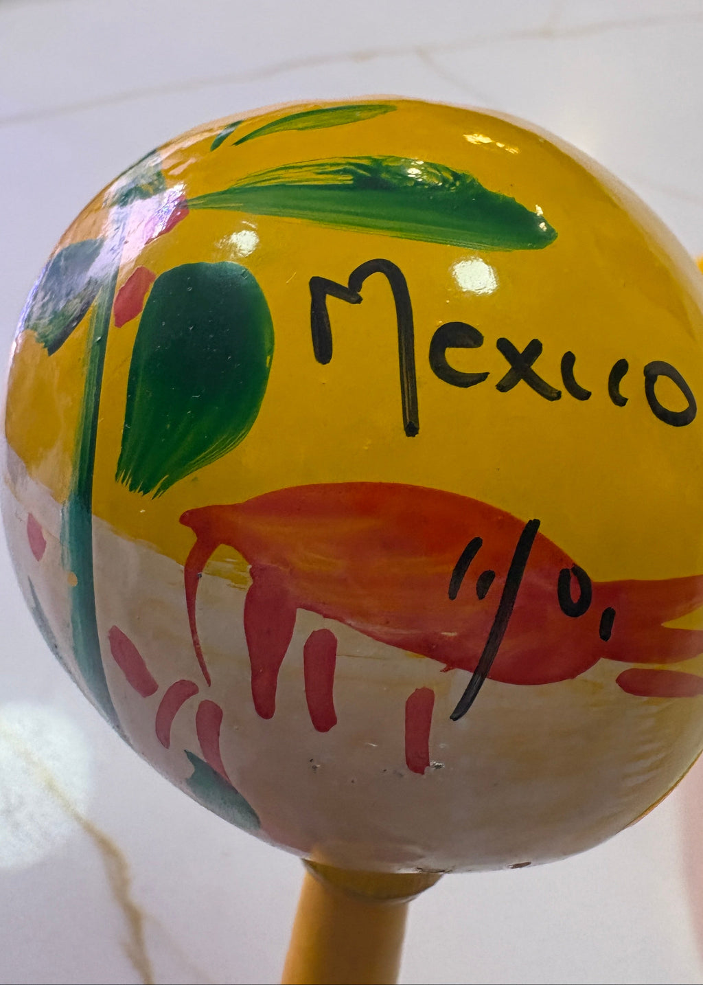 Hand-Painted Mexican Gourd Maracas - Red Shrimp & Palm Tree Folk Art - Pair of 2