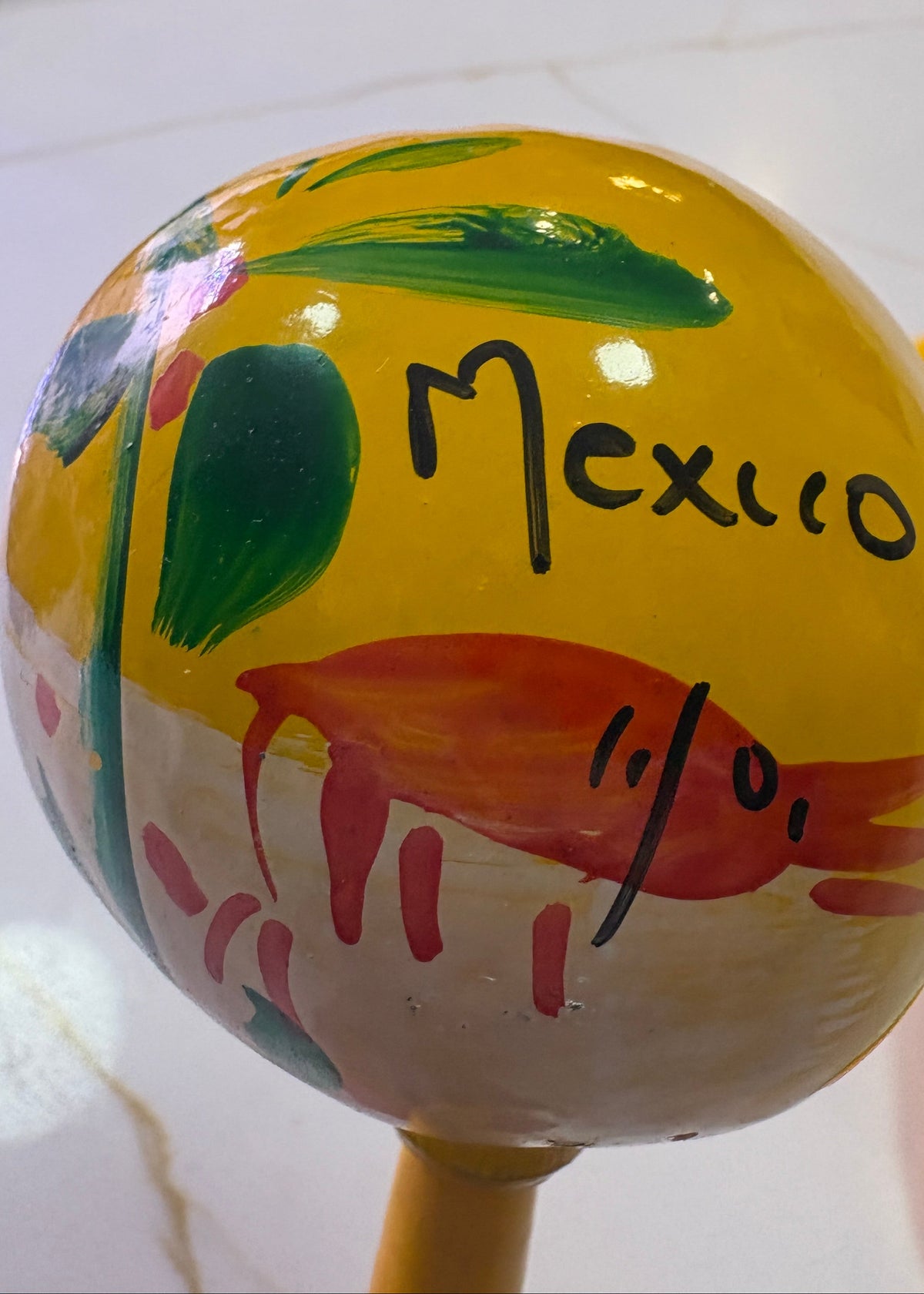 Hand-Painted Mexican Gourd Maracas - Red Shrimp & Palm Tree Folk Art - Pair of 2