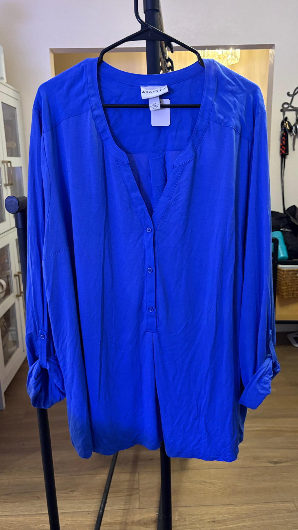 Ava & Viv Women's Royal Blue Roll-Tab Sleeve Henley Blouse - Plus Size 4X