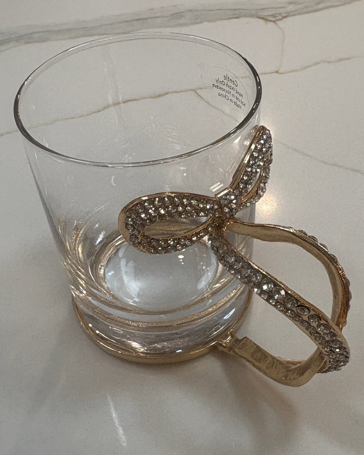 New Open Box Elegant Viral Coquette Gold Rhinestone Bow Handle Glass Mug - Bling Glam Tea & Coffee Cup