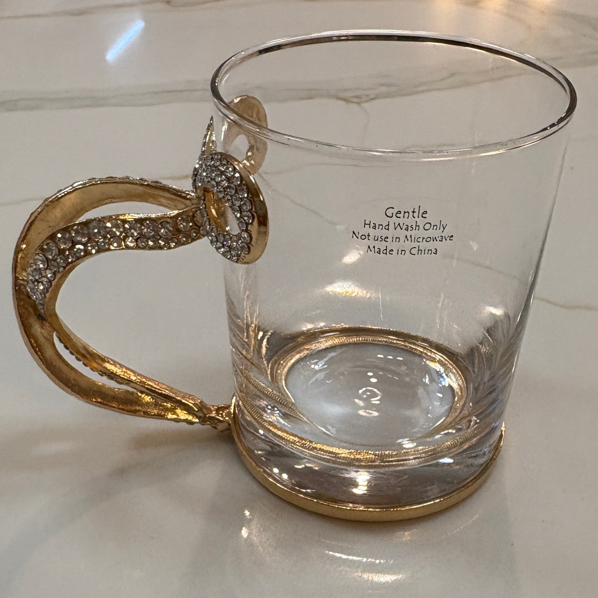 New Open Box Elegant Viral Coquette Gold Rhinestone Bow Handle Glass Mug - Bling Glam Tea & Coffee Cup