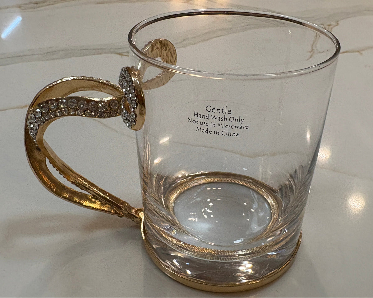 New Open Box Elegant Viral Coquette Gold Rhinestone Bow Handle Glass Mug - Bling Glam Tea & Coffee Cup
