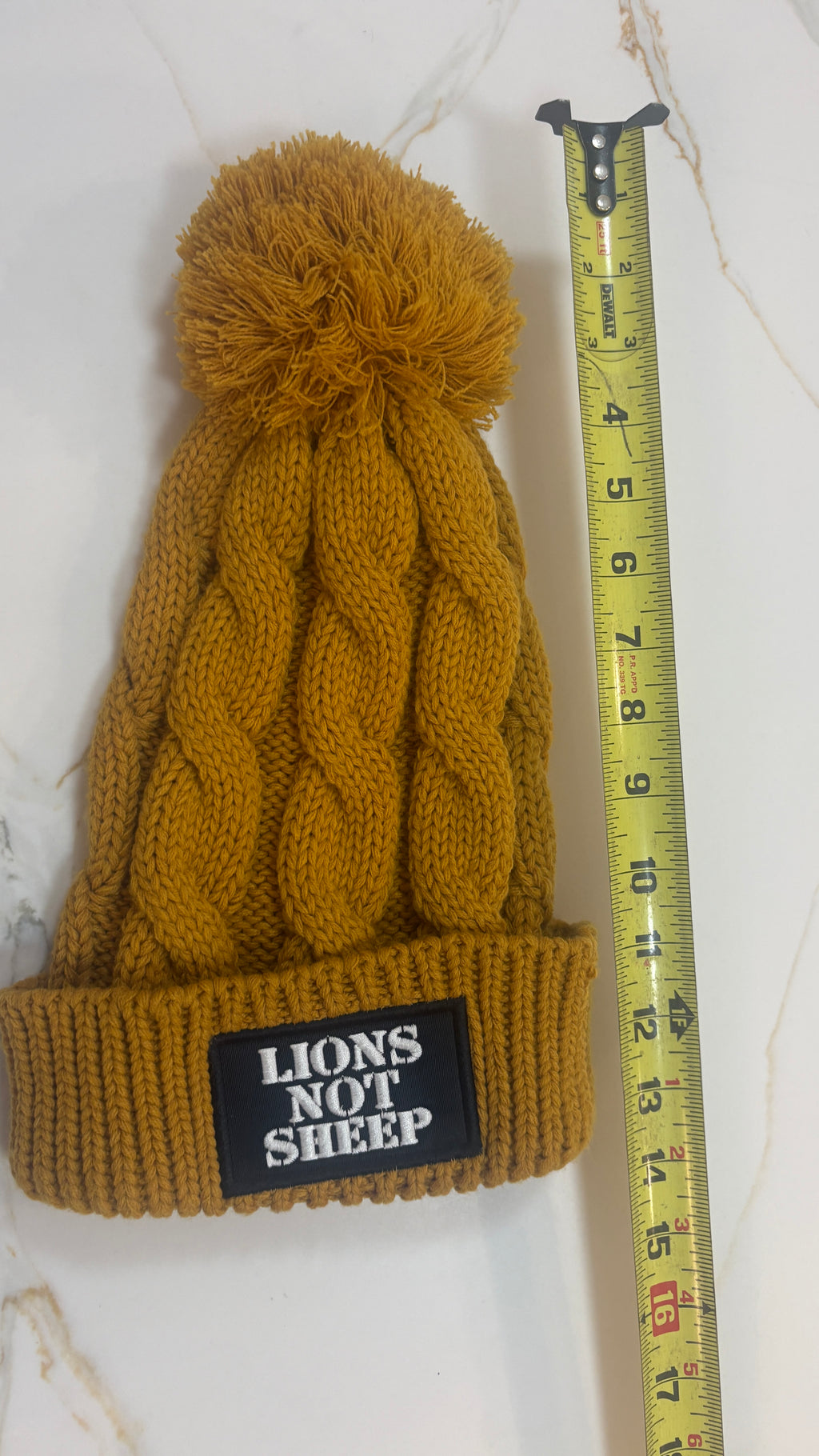 Lions Not Sheep Mustard Yellow Cable Knit Pom Beanie Hat - Winter Skully
