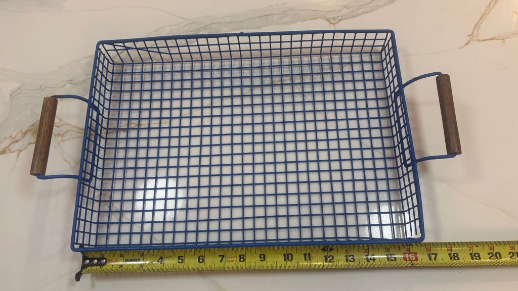 Industrial Matte Blue Wire Mesh Retro Serving Tray with Natural Wood Handles - Large Utility Basket