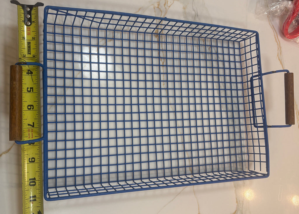 Industrial Matte Blue Wire Mesh Retro Serving Tray with Natural Wood Handles - Large Utility Basket