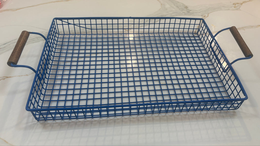 Industrial Matte Blue Wire Mesh Retro Serving Tray with Natural Wood Handles - Large Utility Basket